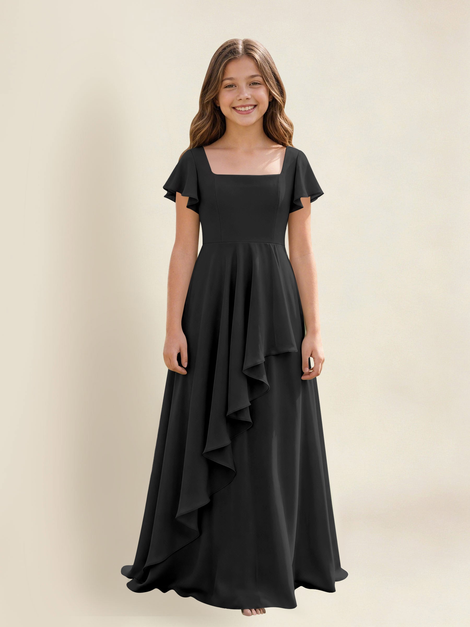 ROVDESY A-Line Square Neck Ruffle Chiffon Junior Bridesmaid Dress With Short Sleeves