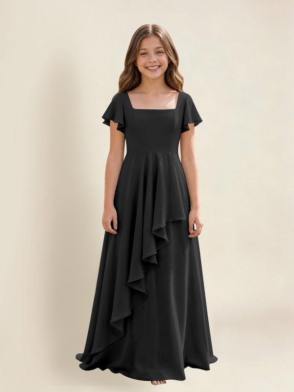 A-Line Square Neck Ruffle Chiffon Junior Bridesmaid Dress With Short Sleeves