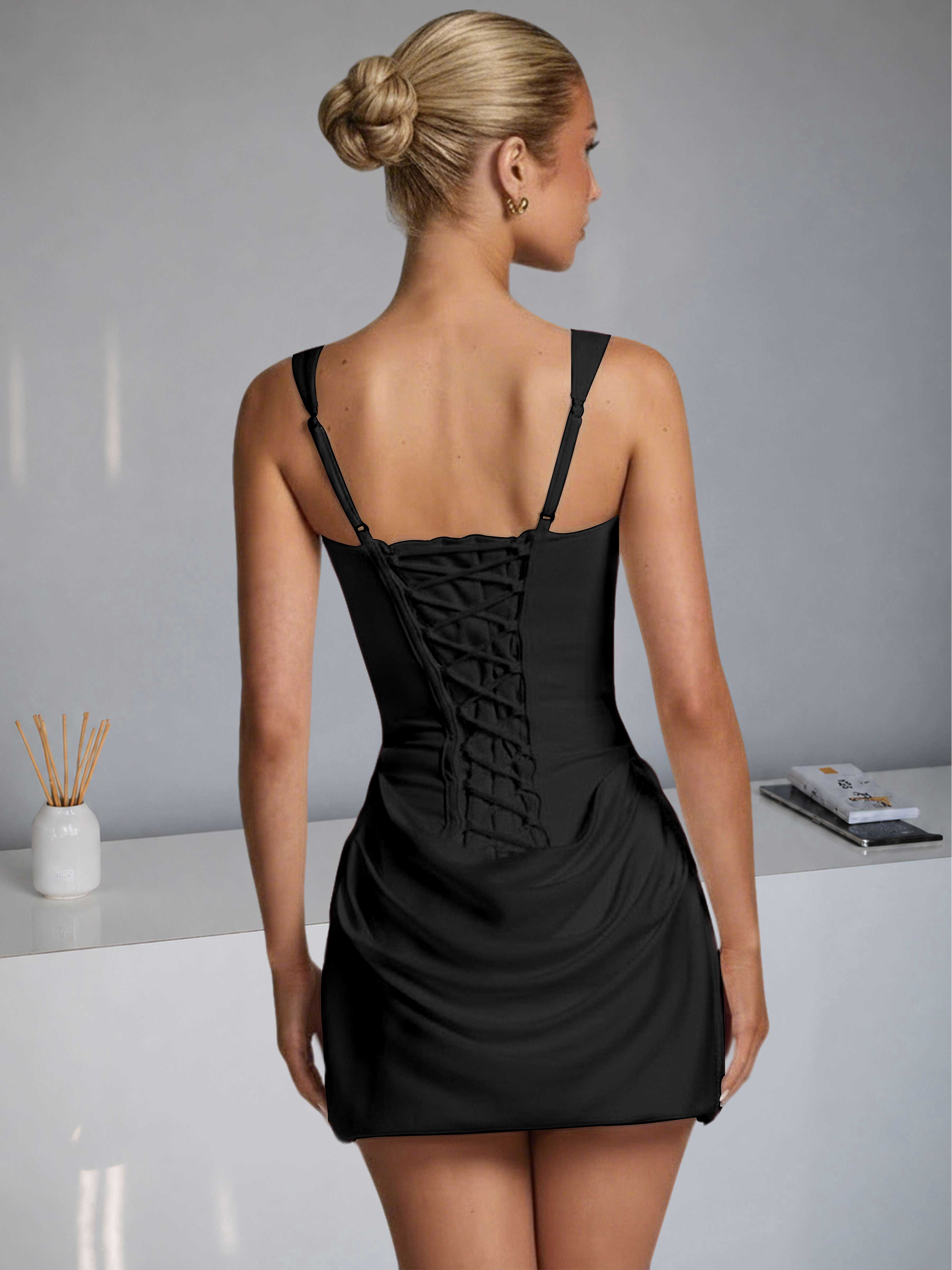 ROVDESY Square Neck Ruched Satin Homecoming Mini Dress