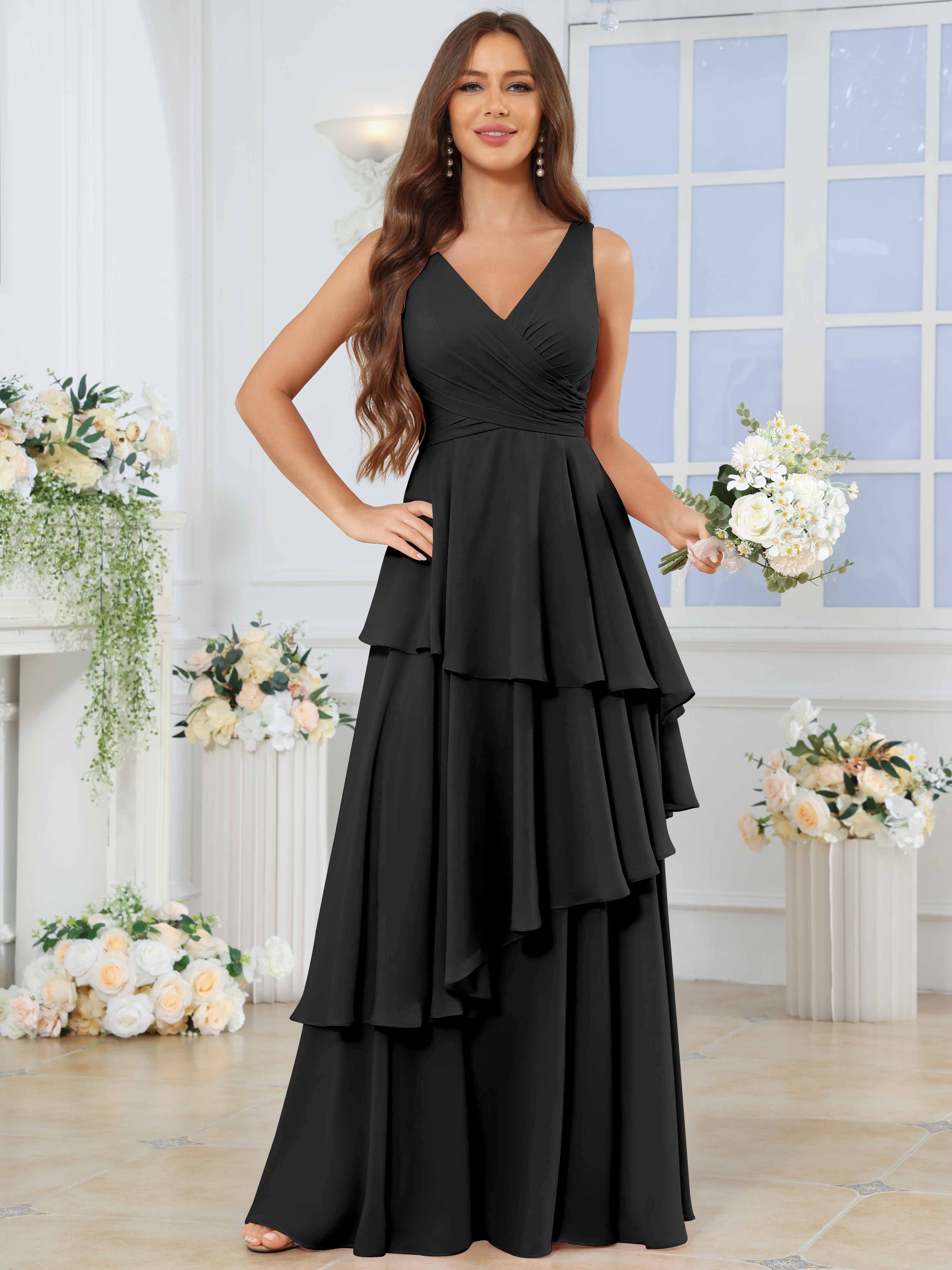 ROVDESY Long Sleeveless V-Neck Tiered Pleated Chiffon Bridesmaid Dress