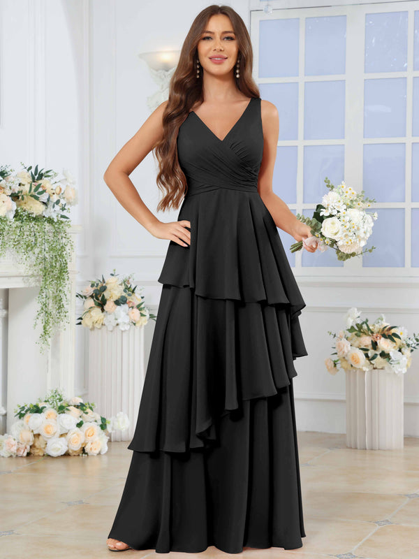 Long Sleeveless V-Neck Tiered Pleated Chiffon Bridesmaid Dress