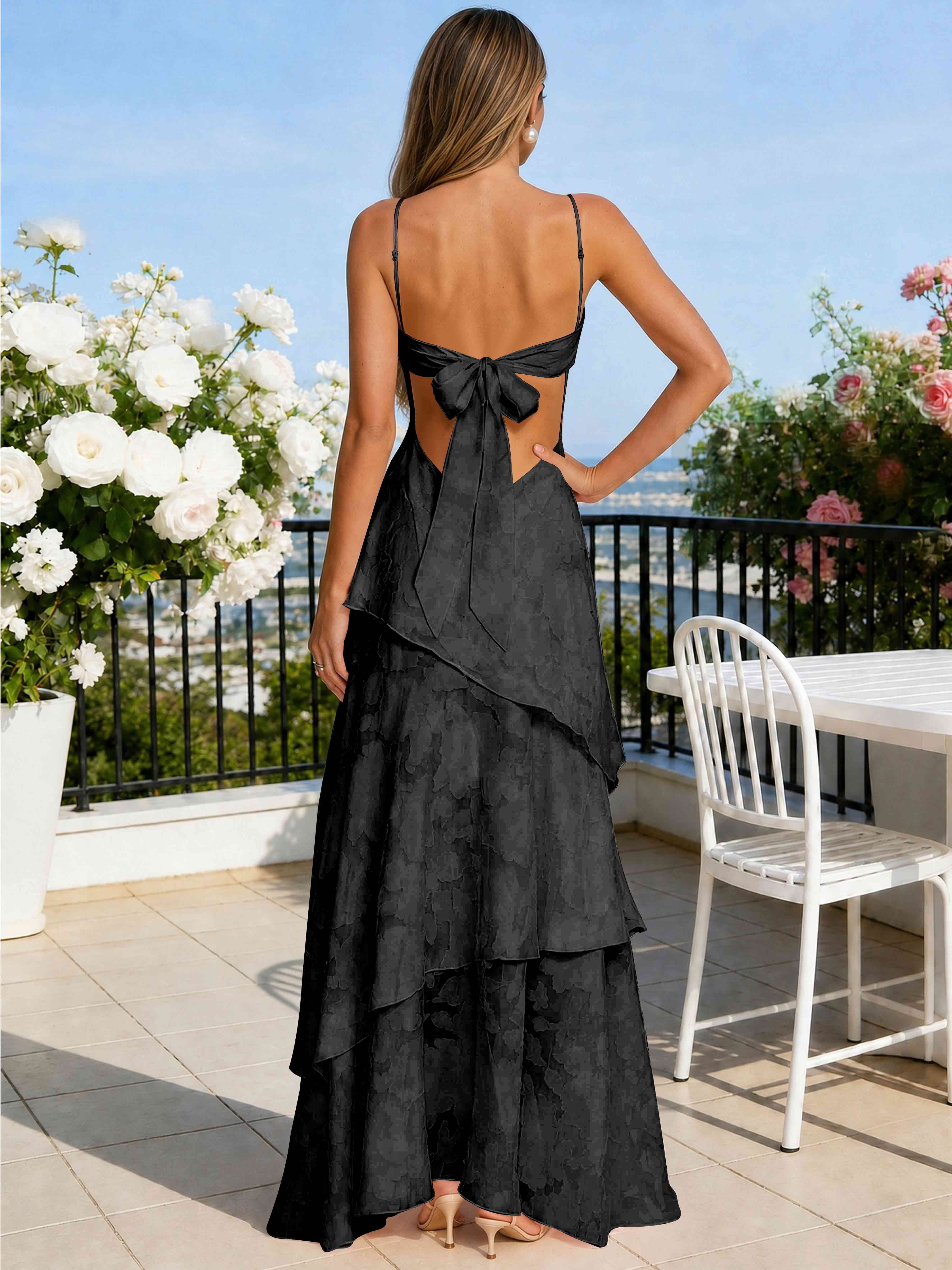 ROVDESY Spaghetti Strap V-Neck Chiffon Jacquard Tiered Ruffle Long Bridesmaid/Prom Dress