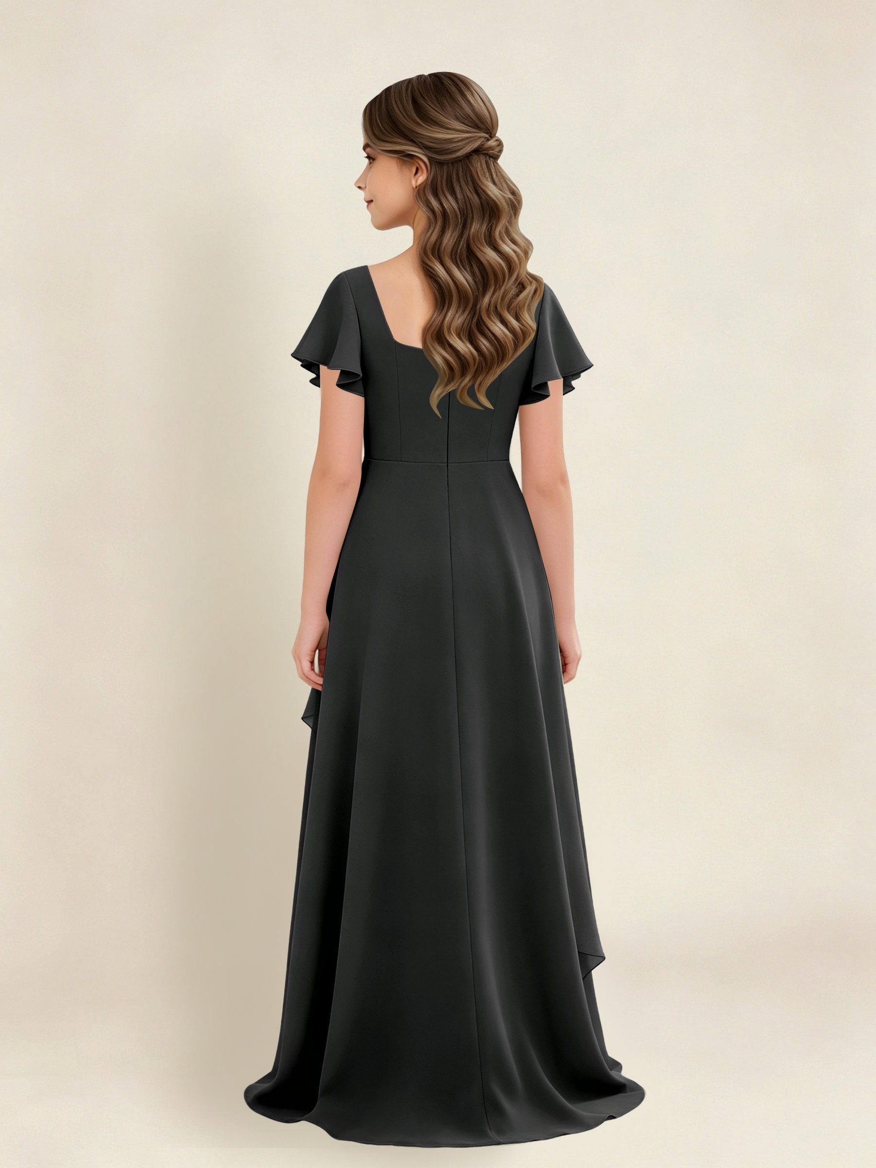 ROVDESY A-Line Square Neck Ruffle Chiffon Junior Bridesmaid Dress With Short Sleeves