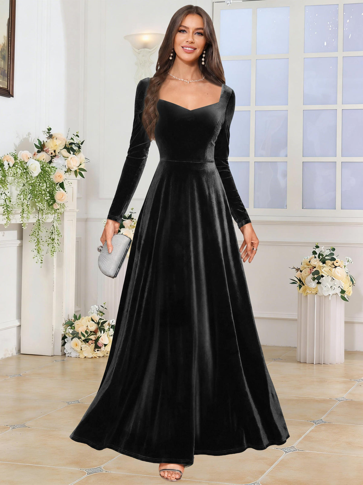 Velvet A Line Long Sleeve Bridesmaid Dresses
