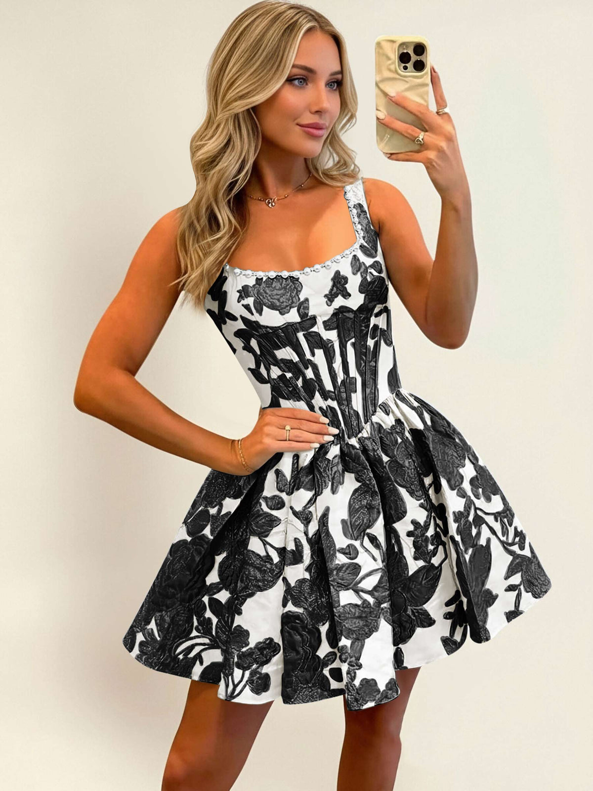 Jacquard Floral Satin A Line Mini Homecoming Dress