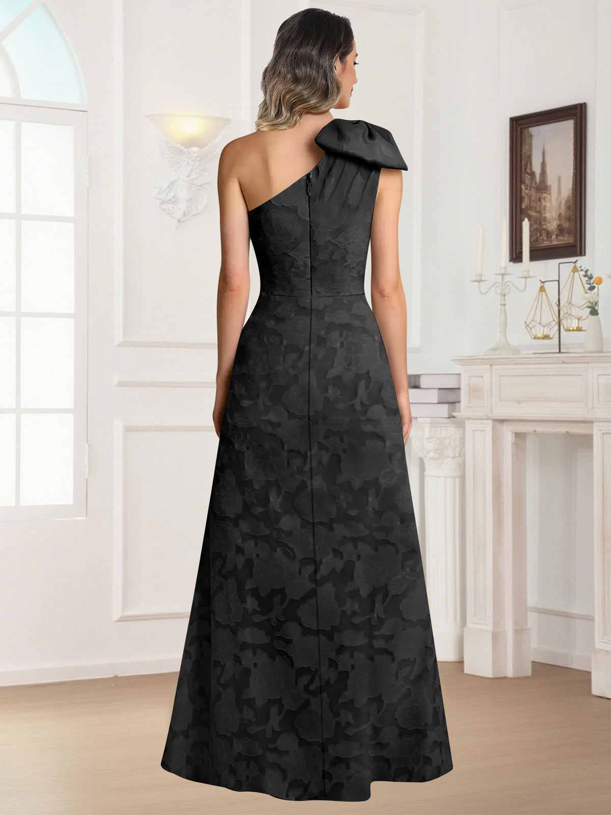 One Shoulder Floral Jacquard Mother of the Bride Dress