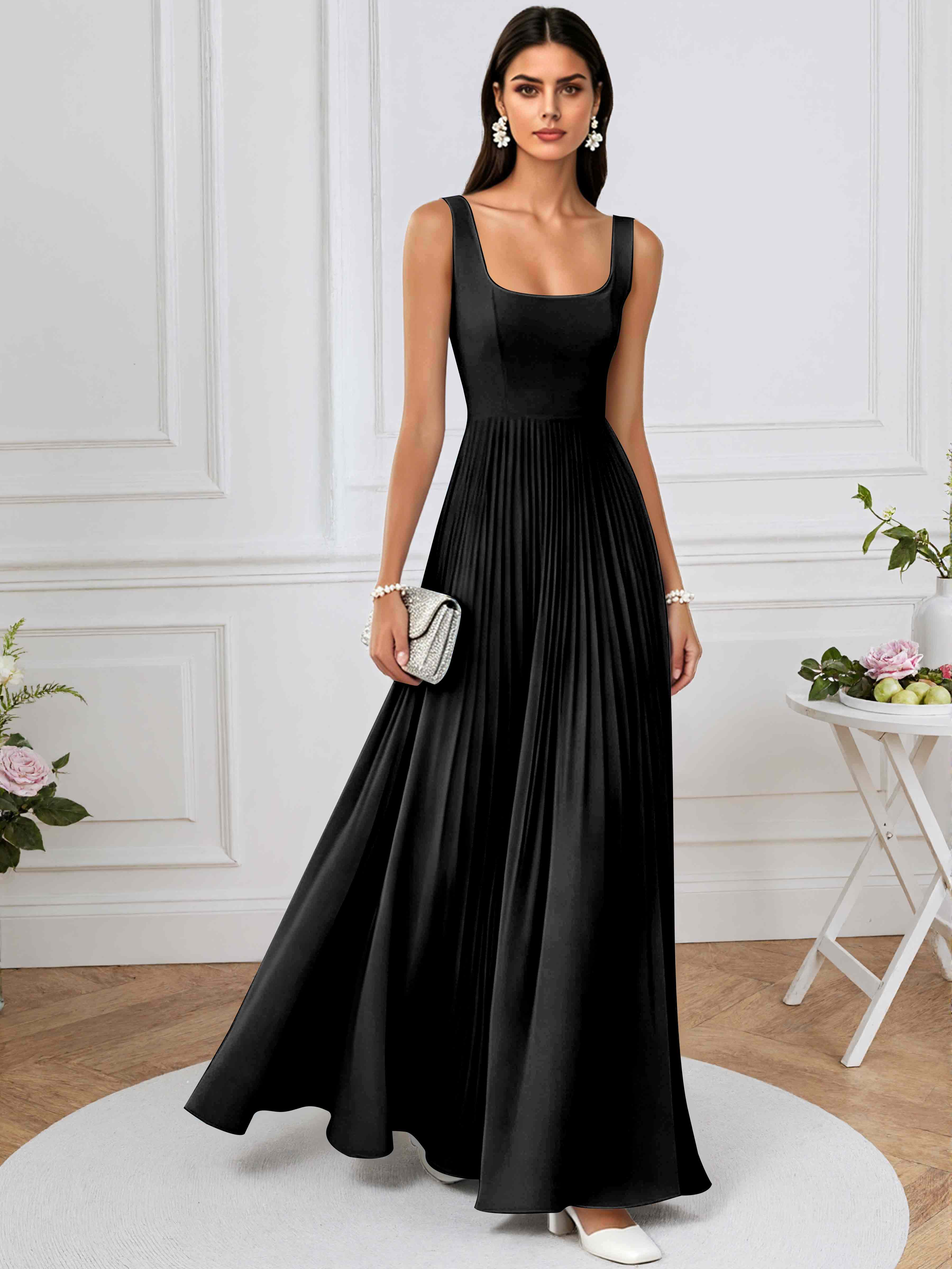 ROVDESY A-Line Square Neck Pleated Chiffon Long Bridesmaid/Prom Dress