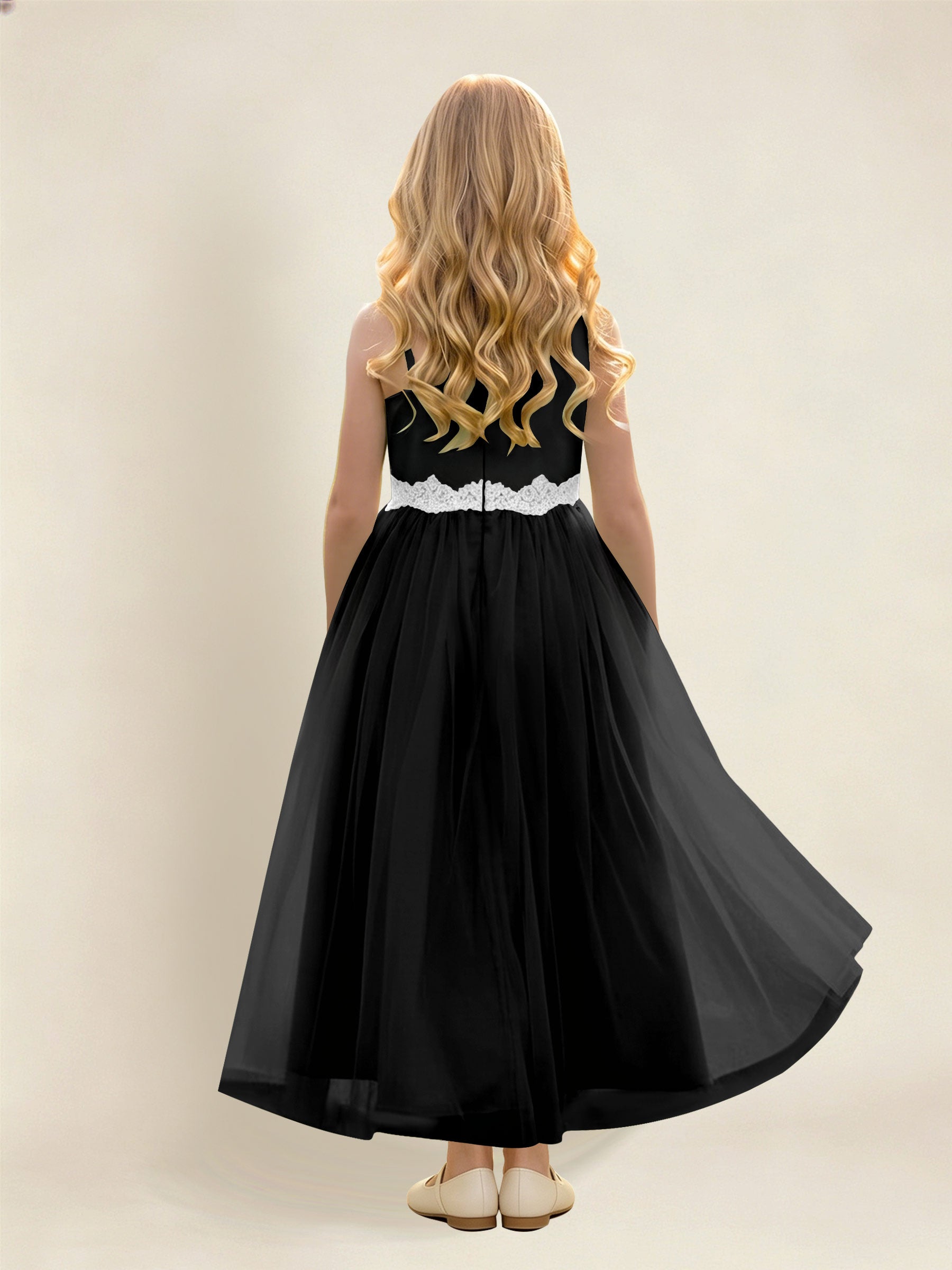 ROVDESY Asymmetric One Shoulder  Satin  Tulle Junior Bridesmaid Dress