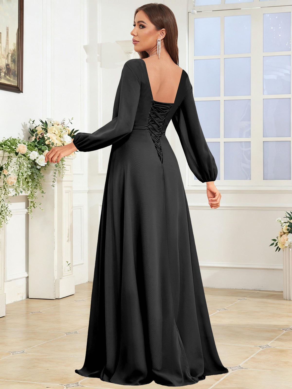 V Neck Chiffon Long Sleeve Bridesmaid Dresses with Slit