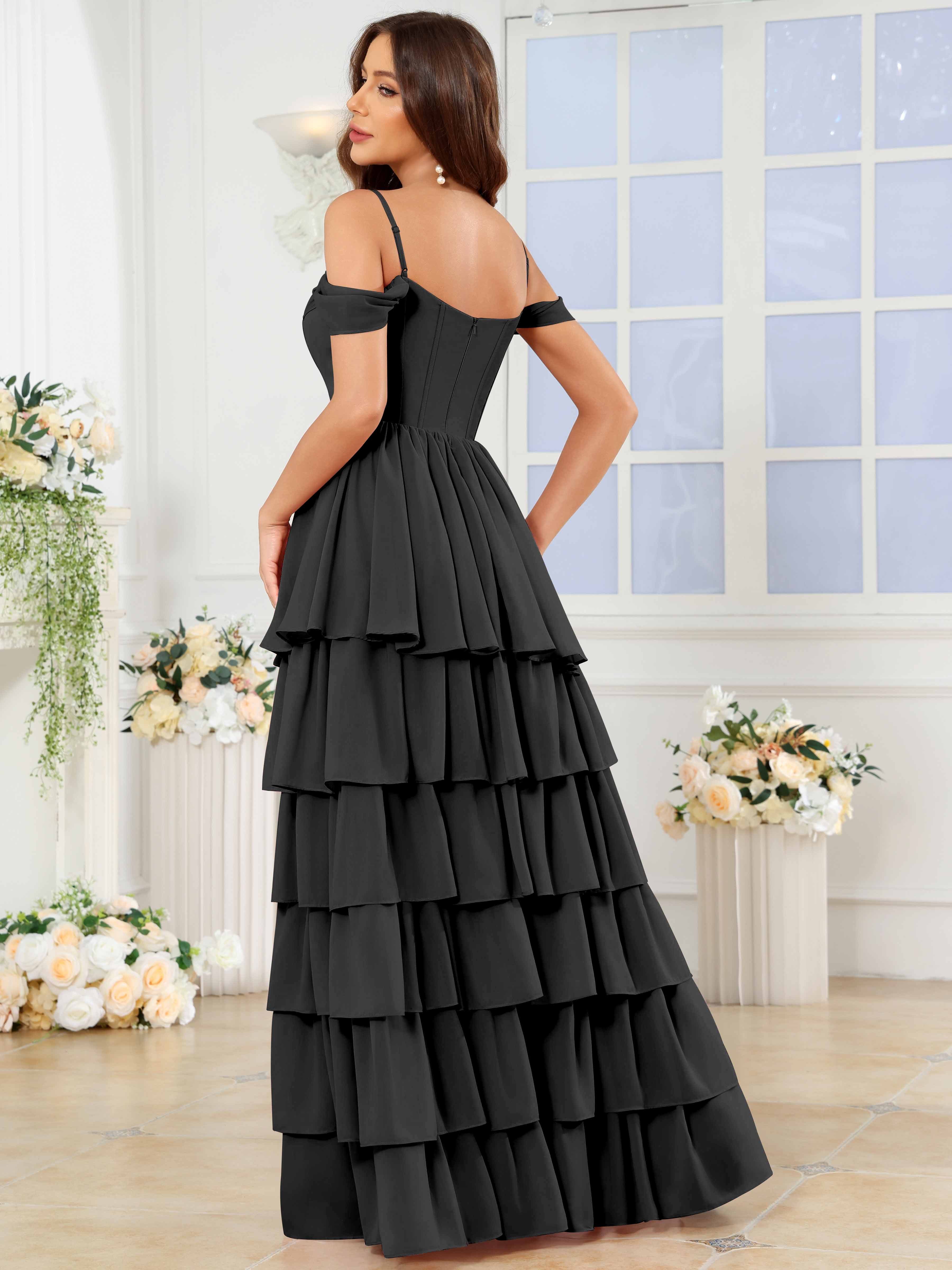 ROVDESY A-Line Off The Shoulder Tiered Chiffon Bridesmaid/Prom Dress With Slit