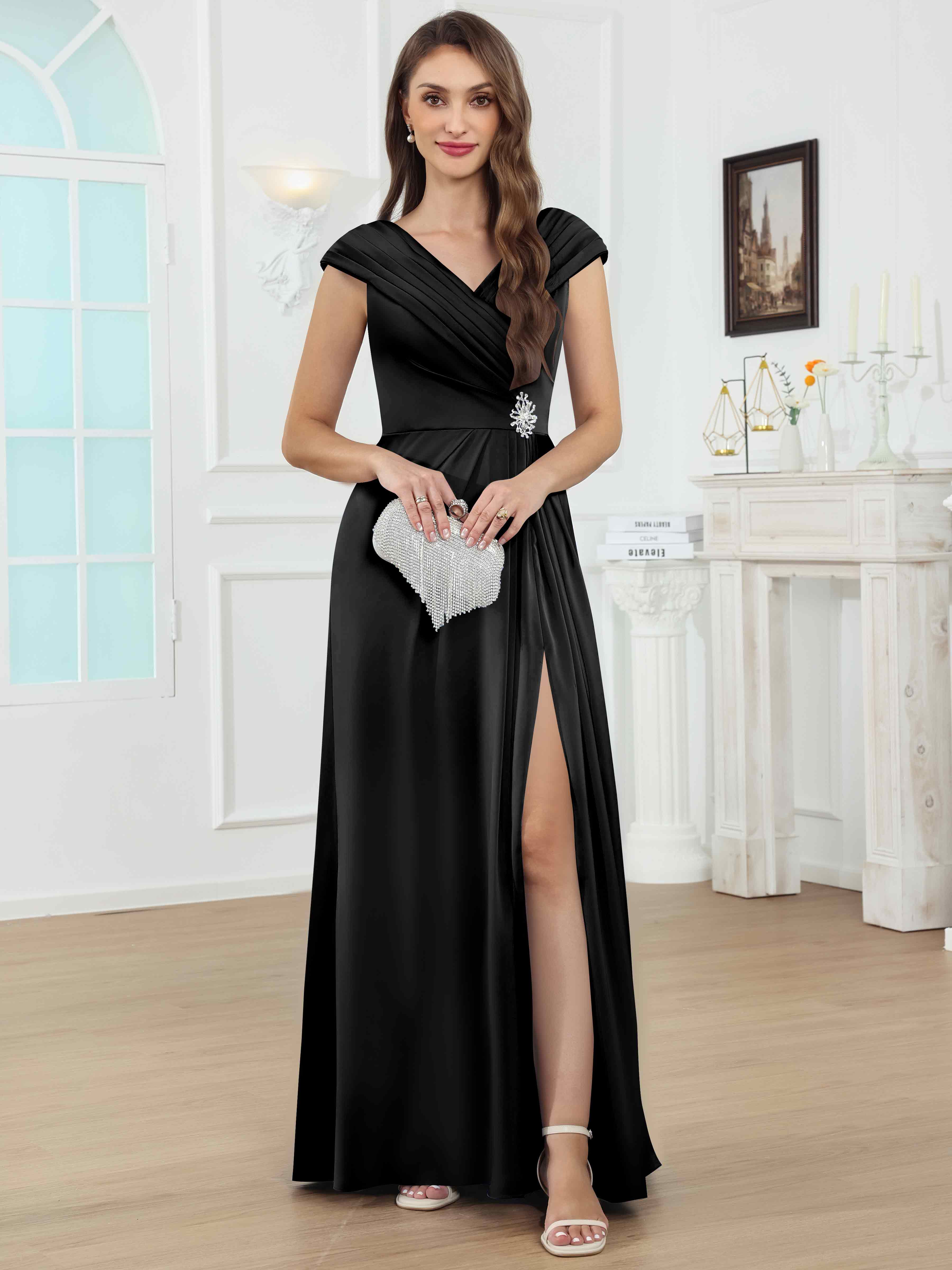 ROVDESY V-Neck Off The Shoulder Pleated Satin Mother Of The Bride Dress With Slit