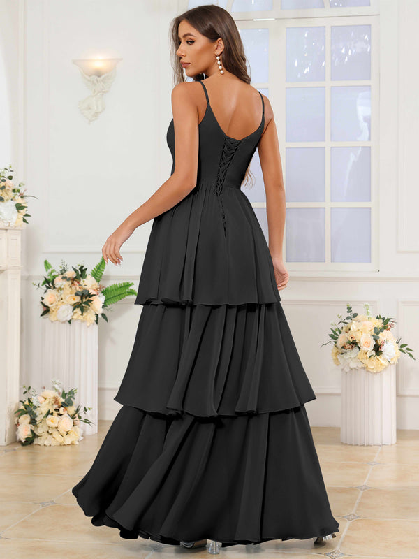 V-Neck Spaghetti Straps Tiered Chiffon Bridesmaid Dress With Ruffles