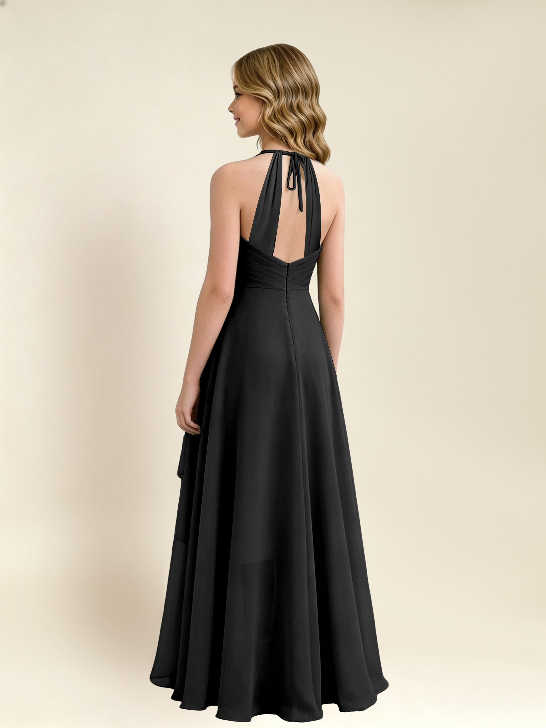 ROVDESY A-Line Halter Pleated Chiffon Junior Bridesmaid Dress