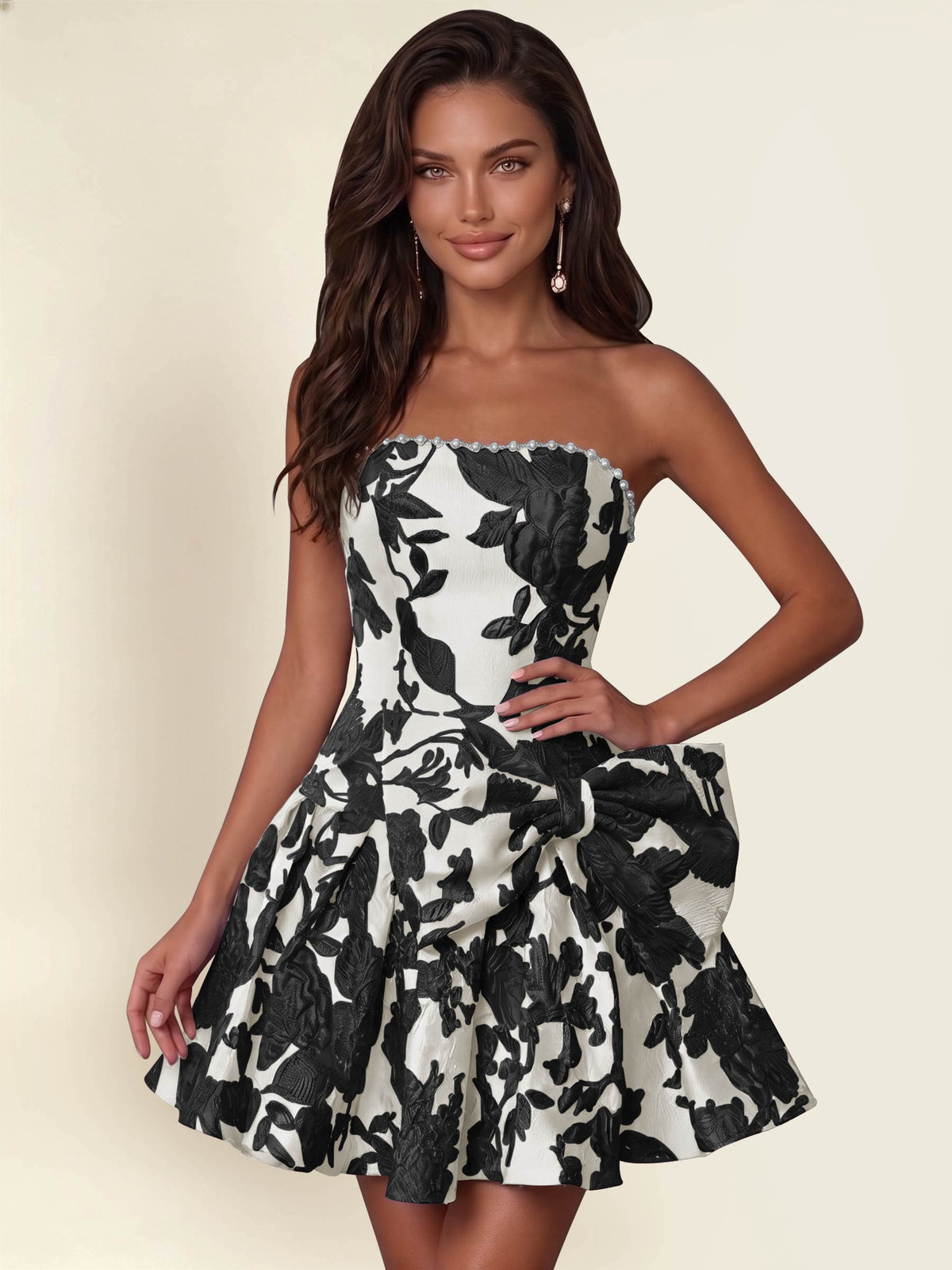 ROVDESY A-Line Strapless Jacquard Satin Homecoming Mini Dress With Big Bow