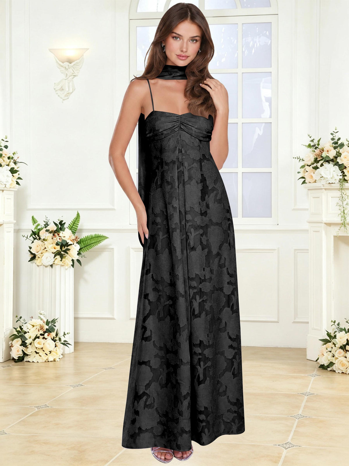 Spaghetti Strap Ruched Floral Jacquard A Line Bridesmaid Dress with Scarf