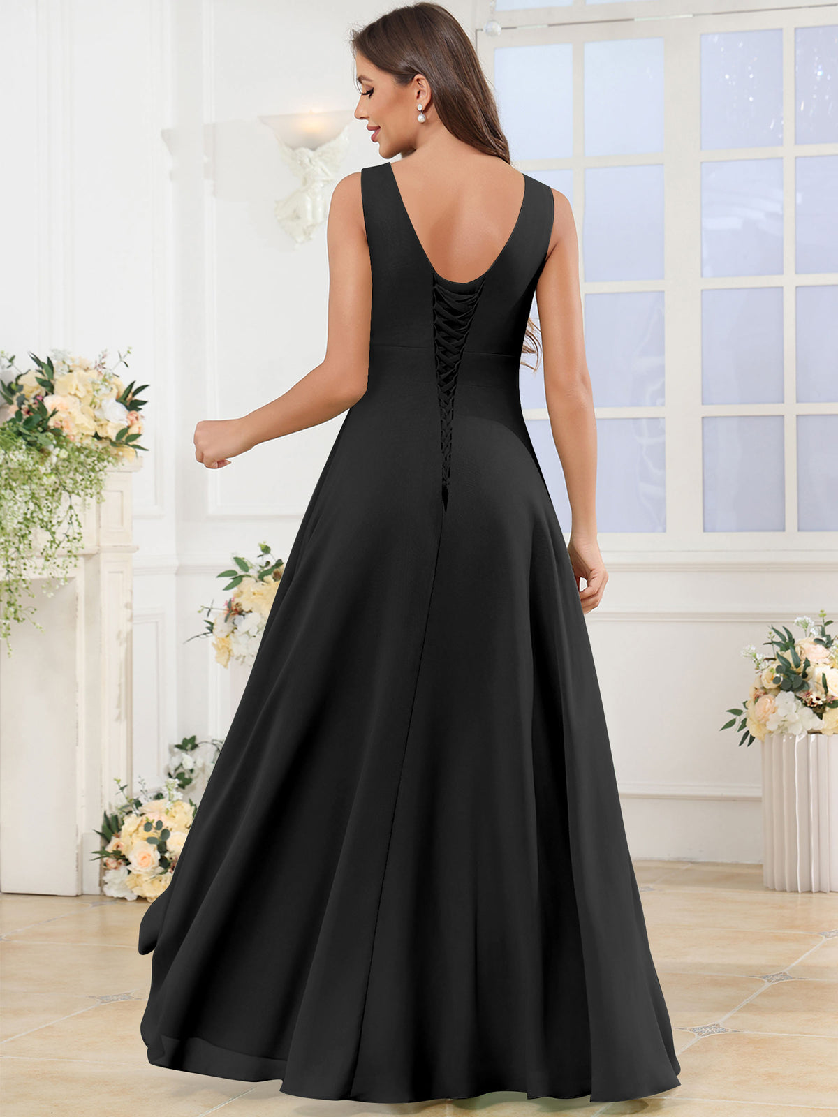 V Neck Chiffon A Line Ruffle Bridesmaid Dress with Slit