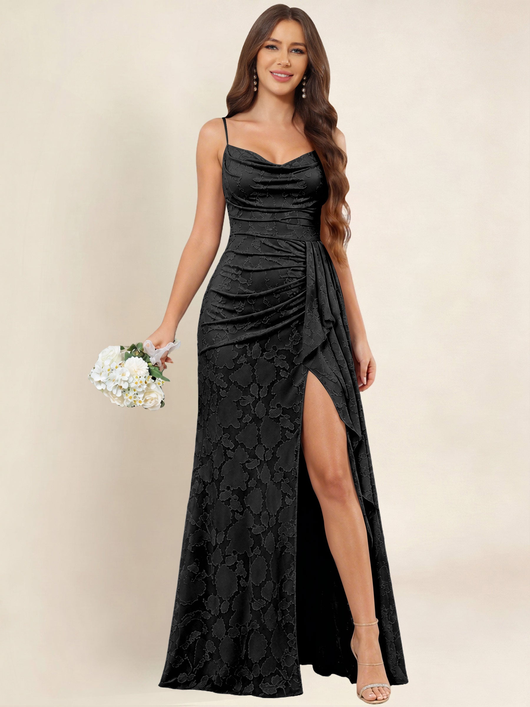 ROVDESY  Cowl Neck Ruffle Mermaid Chiffon Jacquard Bridesmaid/Prom Dress With Slit