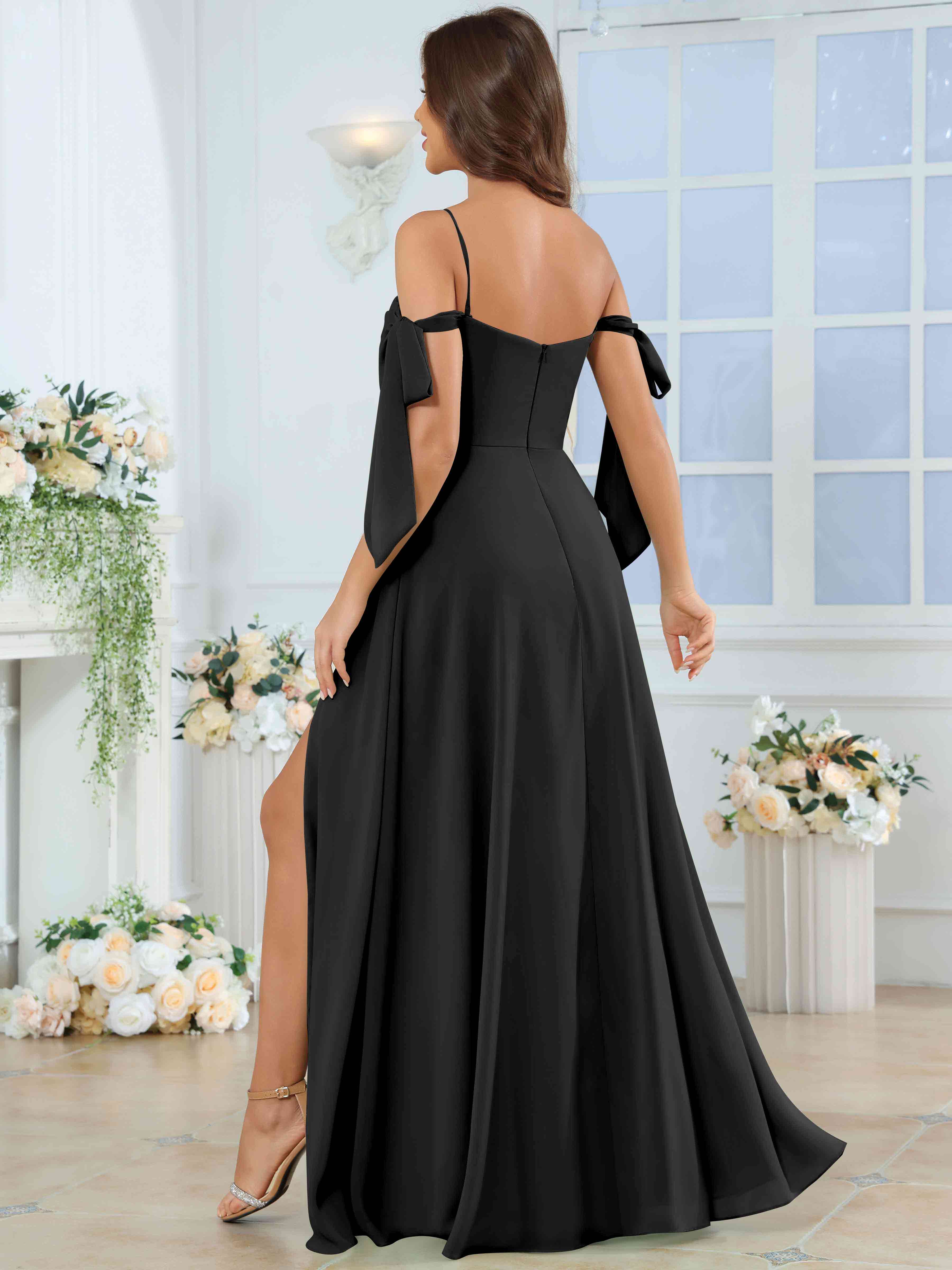 ROVDESY Spaghetti Strap Pleated Ruffle Slit Chiffon Bridesmaid Dress With Bow Sleeves