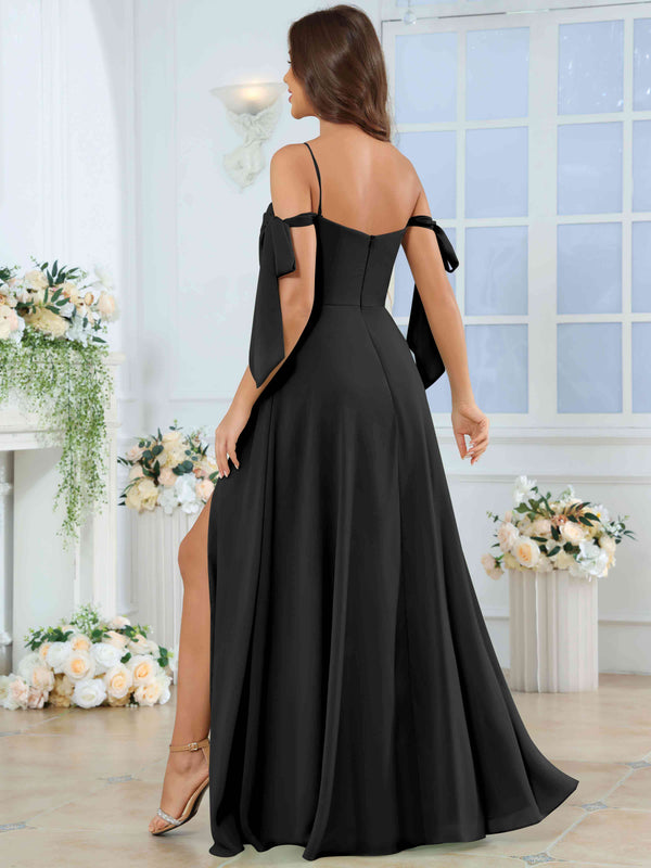 Spaghetti Strap Pleated Ruffle Slit Chiffon Bridesmaid Dress With Bow Sleeves