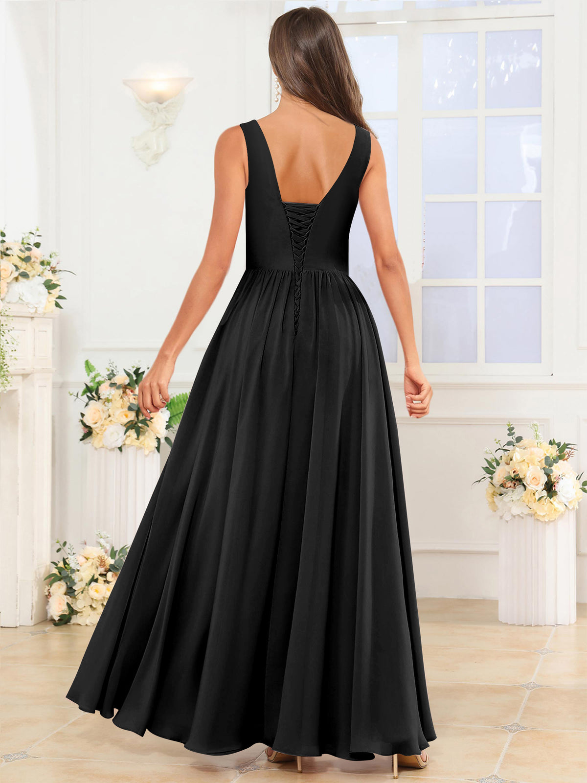 V Neck Chiffon A Line Bridesmaid Dress with Slit