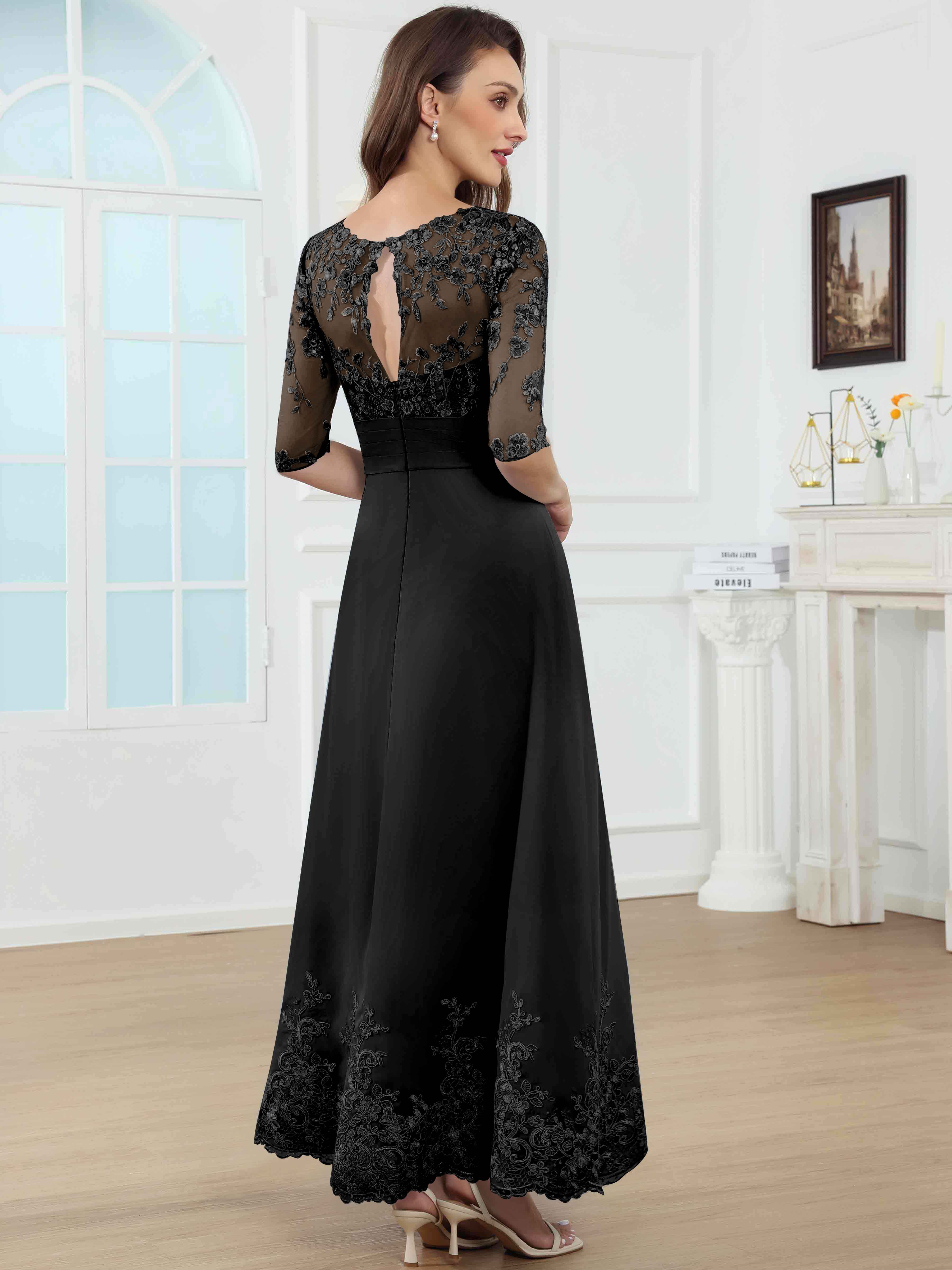 ROVDESY A-Line Lace Sequin Pleated Chiffon Mother Of The Bride Dress With Half Sleeves