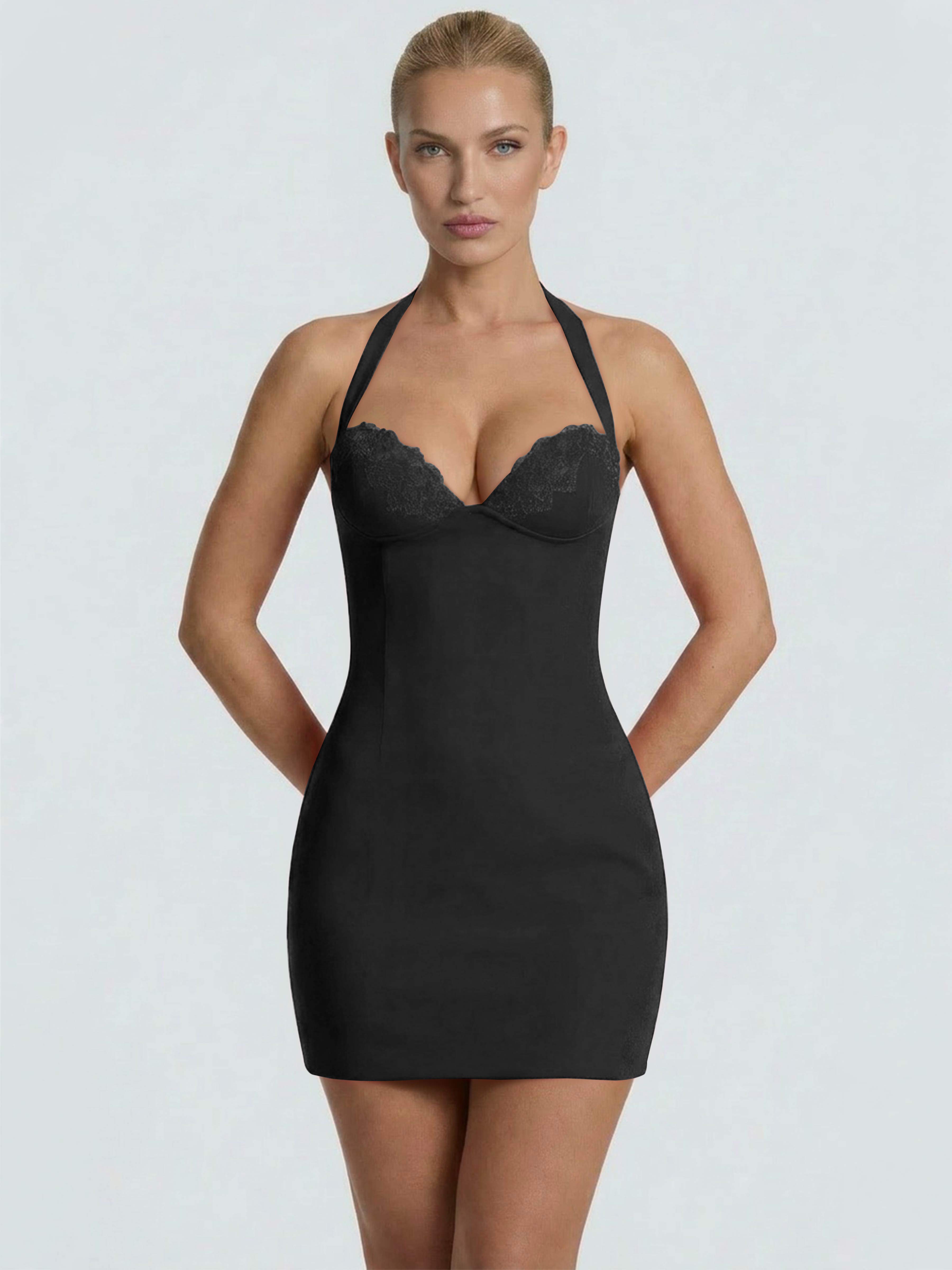 ROVDESY Halter Lace Satin Tight Homecoming Mini Dress