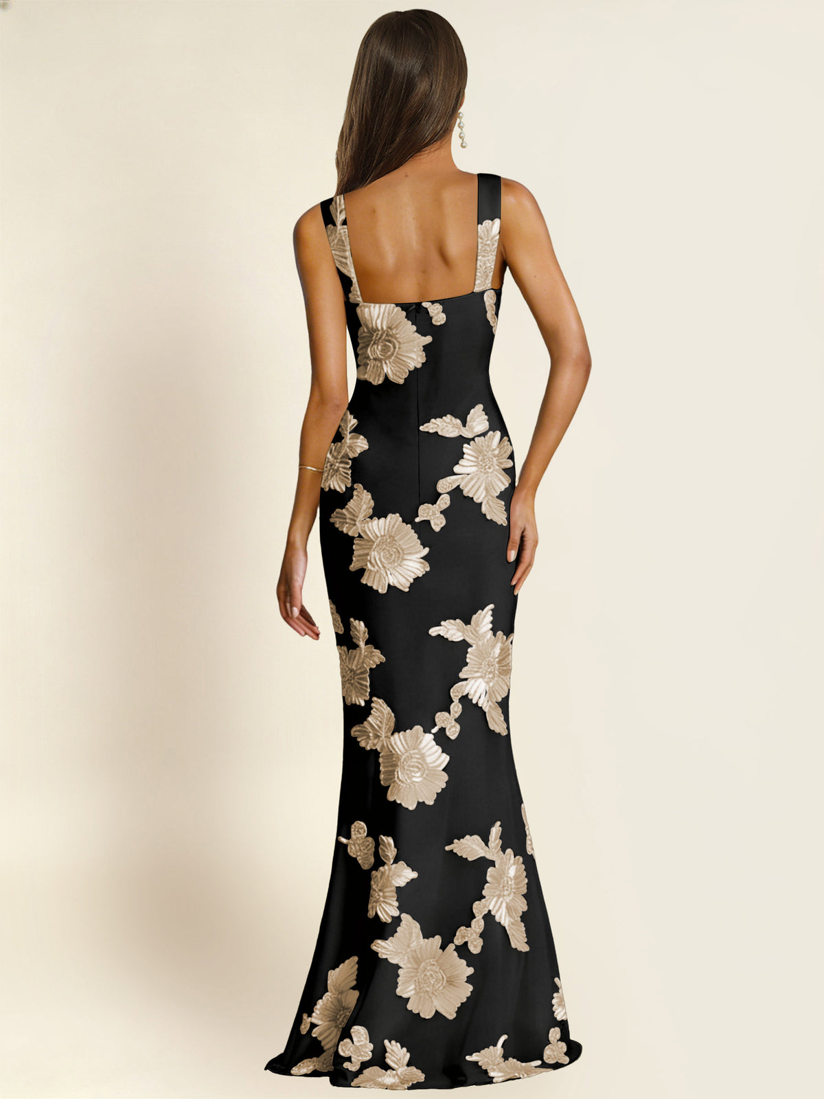 ROVDESY Square Neck Floral Applique Mermaid Long Prom/Bridesmaid Dress