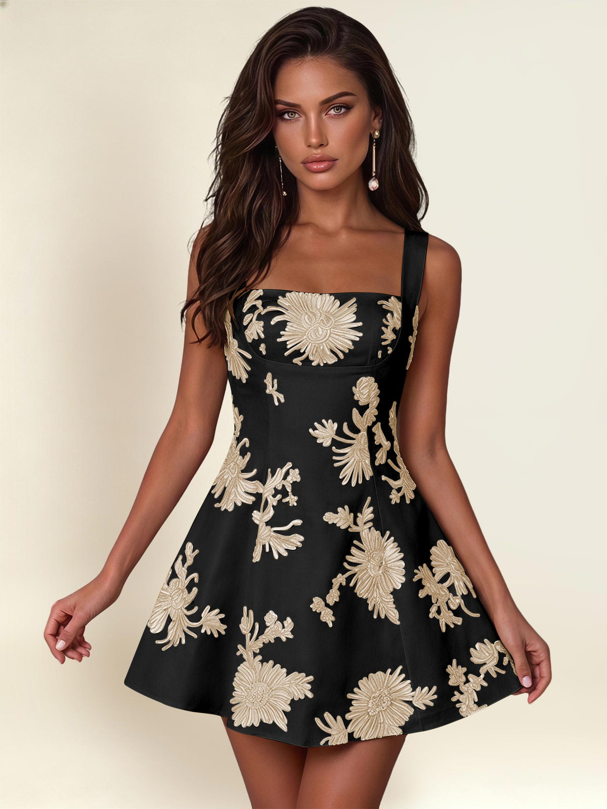 ROVDESY A-Line Square Neck Floral Embroidery Homecoming Mini Dress With Bow