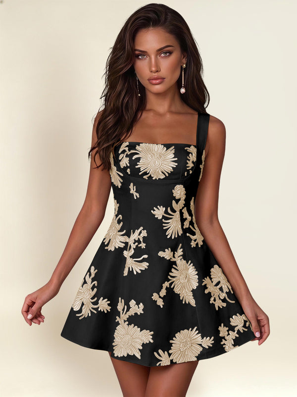A-Line Square Neck Floral Embroidery Homecoming Mini Dress With Bow