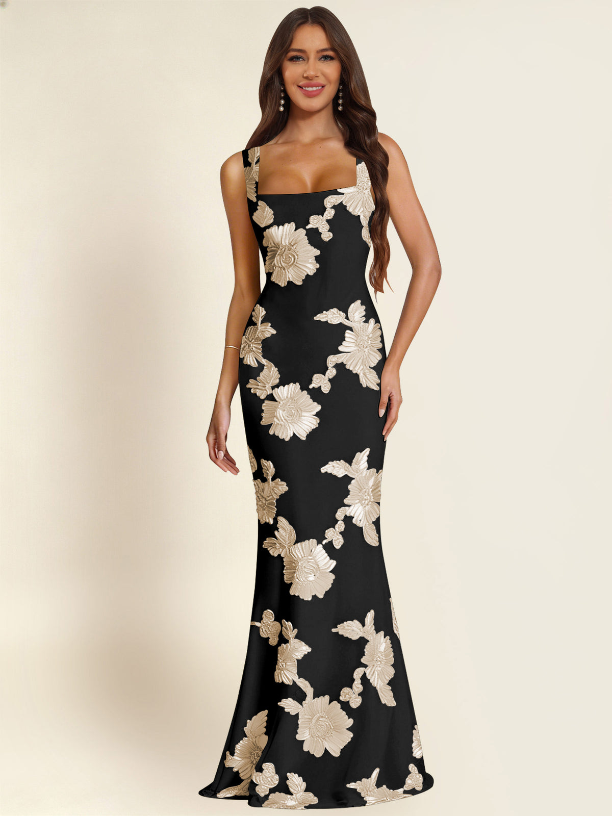 ROVDESY Square Neck Floral Applique Mermaid Long Prom/Bridesmaid Dress
