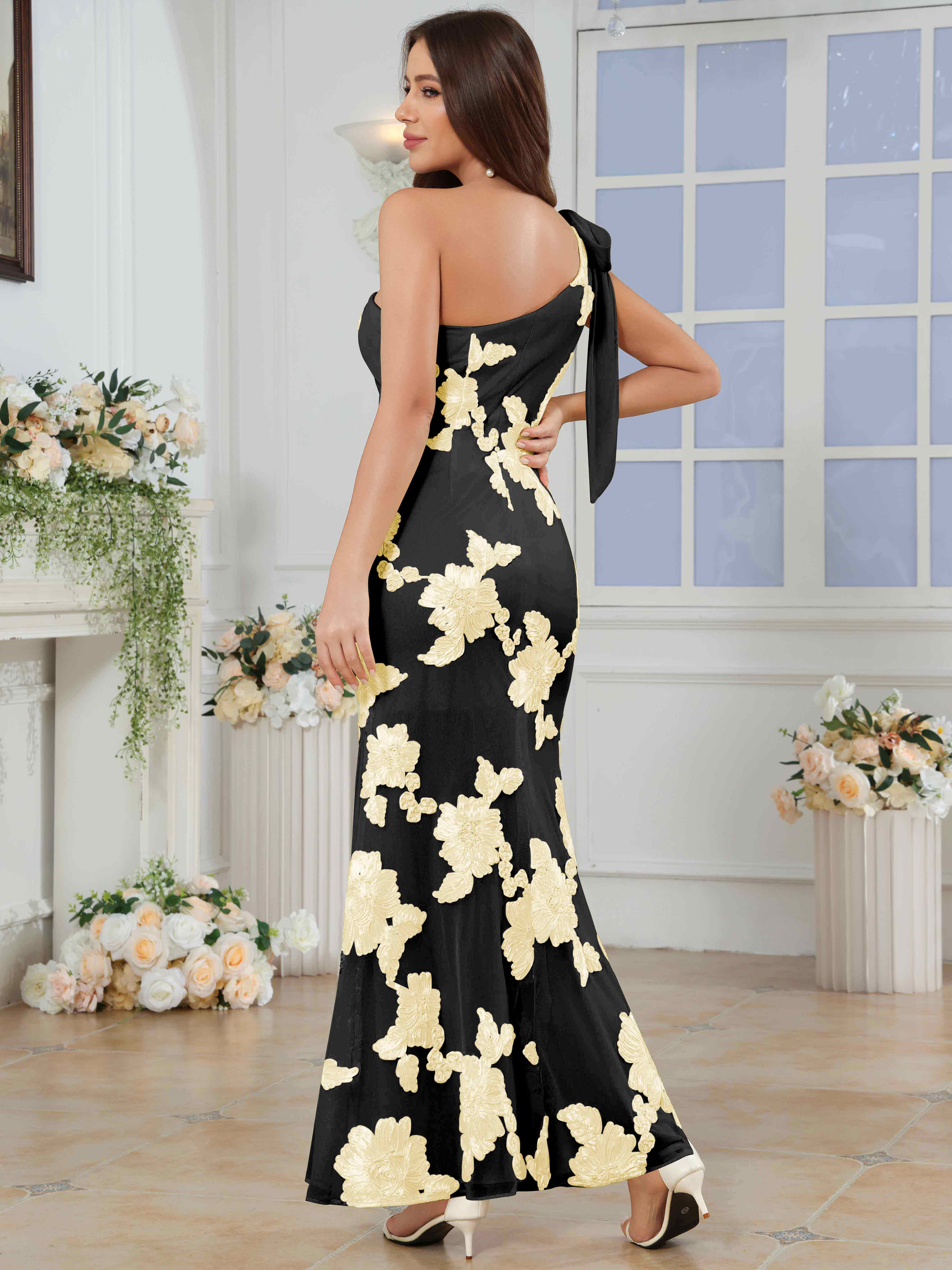 ROVDESY One-Shoulder Mermaid Floral Bridesmaid/Prom Dress