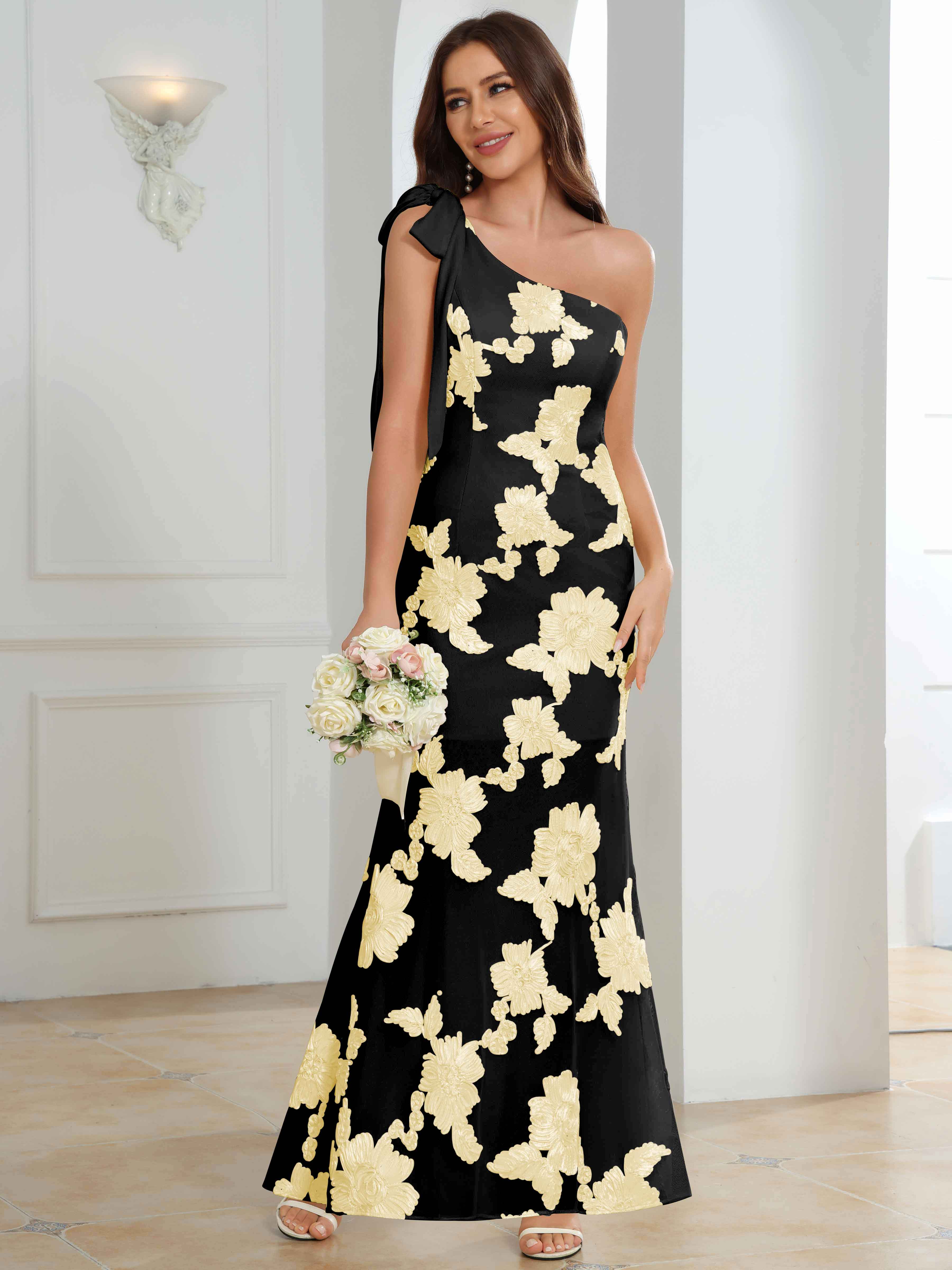 ROVDESY One-Shoulder Mermaid Floral Bridesmaid/Prom Dress