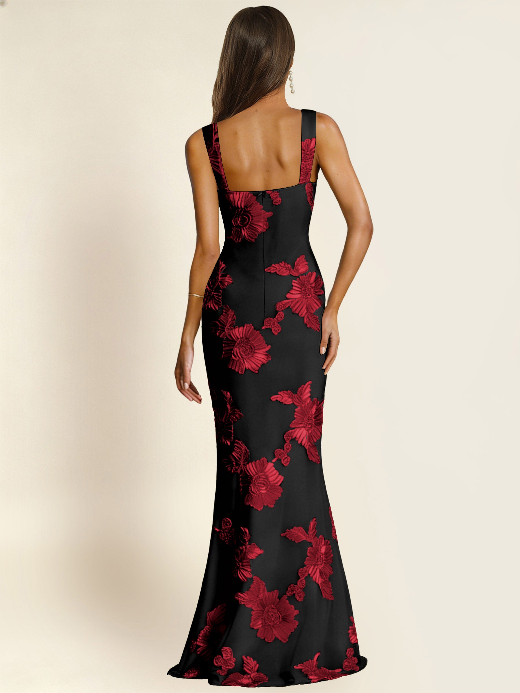 ROVDESY Square Neck Floral Applique Mermaid Long Prom/Bridesmaid Dress