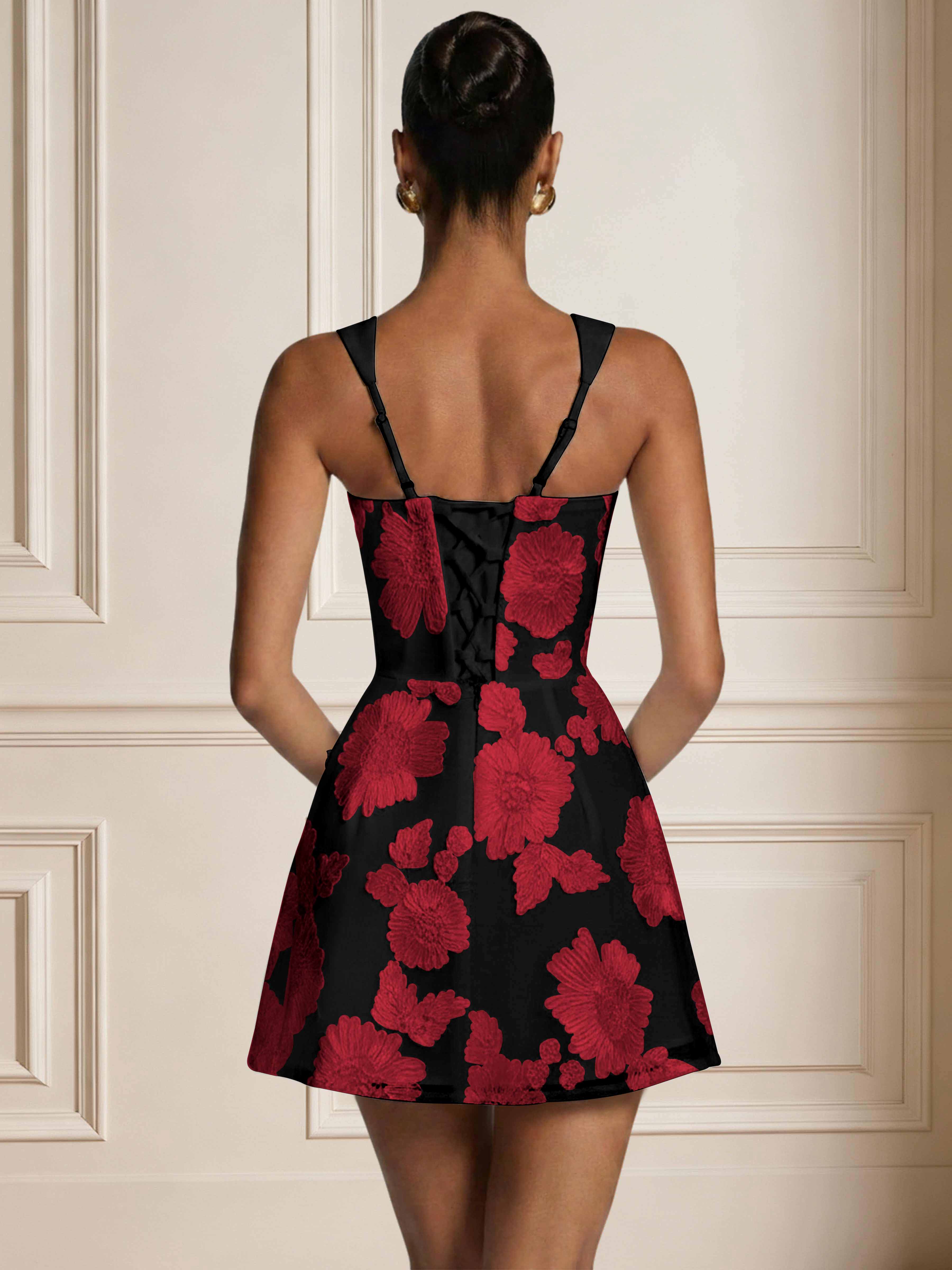 ROVDESY A-Line Sweetheart Floral Embroidery Homecoming Mini Dress