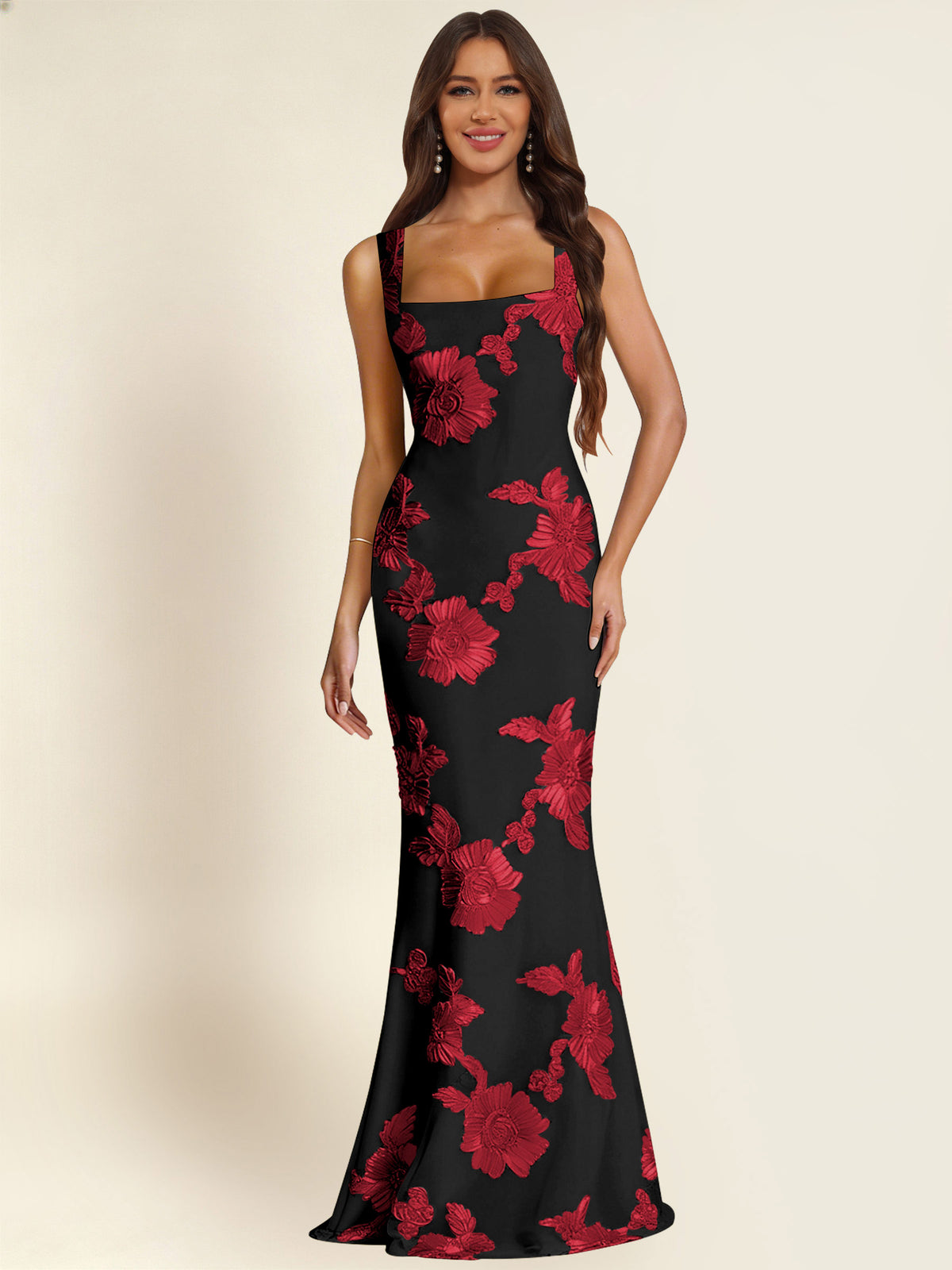 ROVDESY Square Neck Floral Applique Mermaid Long Prom/Bridesmaid Dress