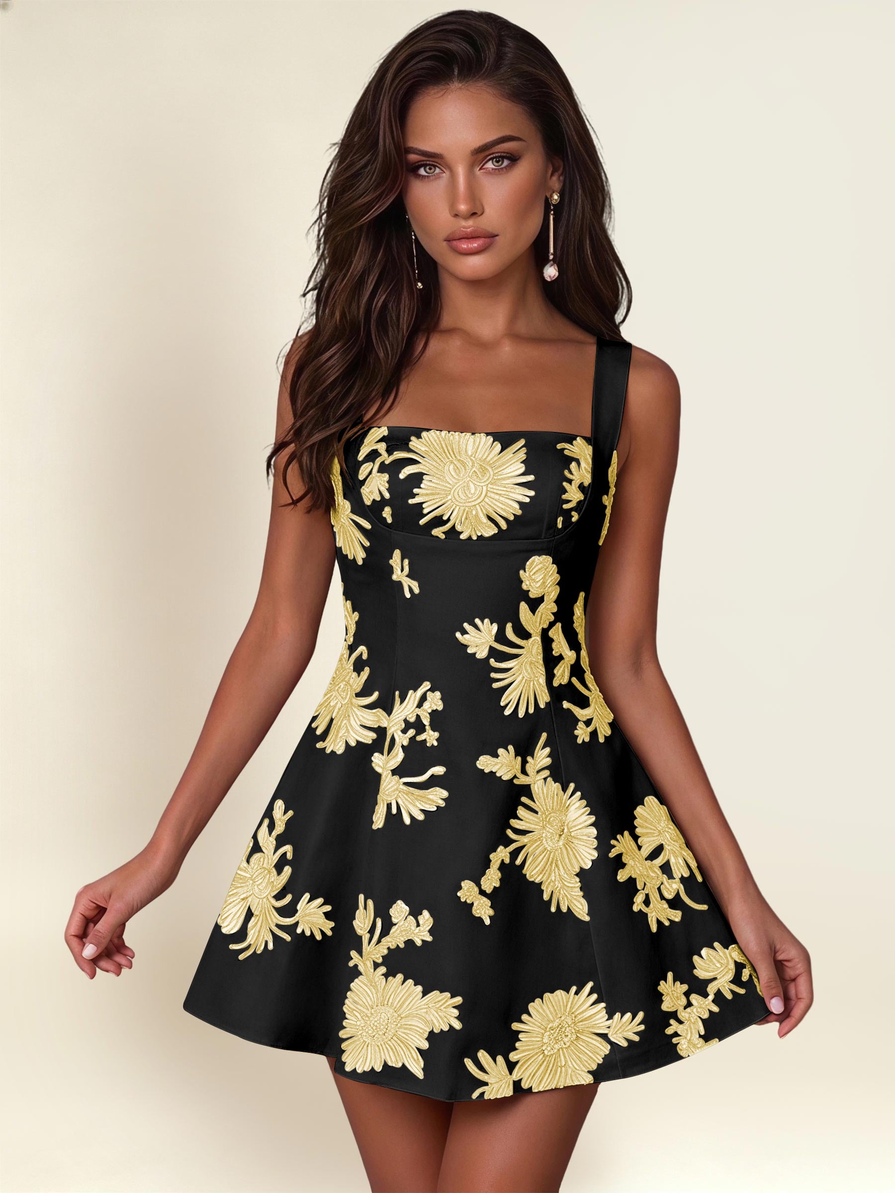 ROVDESY A-Line Square Neck Floral Embroidery Homecoming Mini Dress With Bow