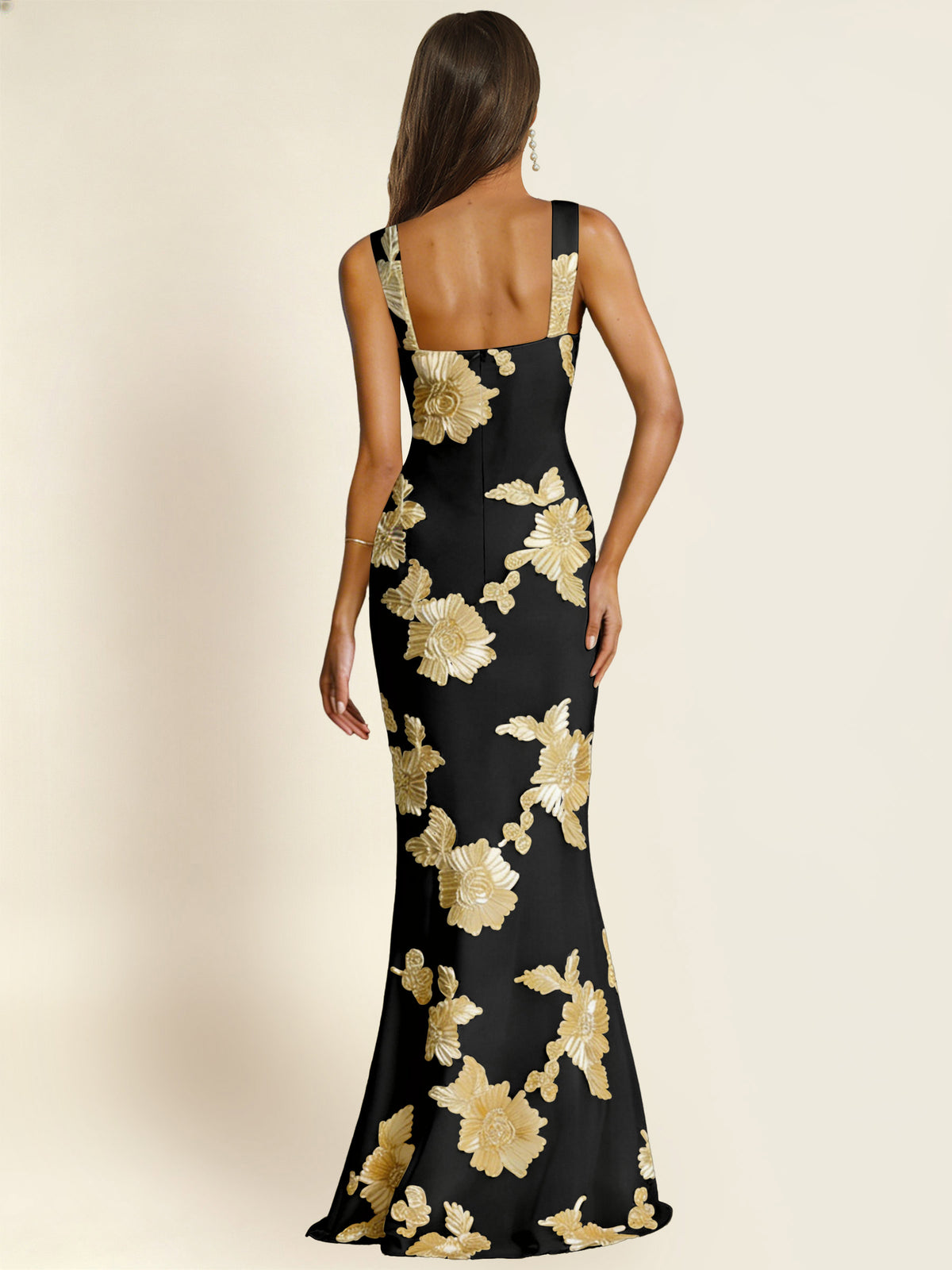 ROVDESY Square Neck Floral Applique Mermaid Long Prom/Bridesmaid Dress