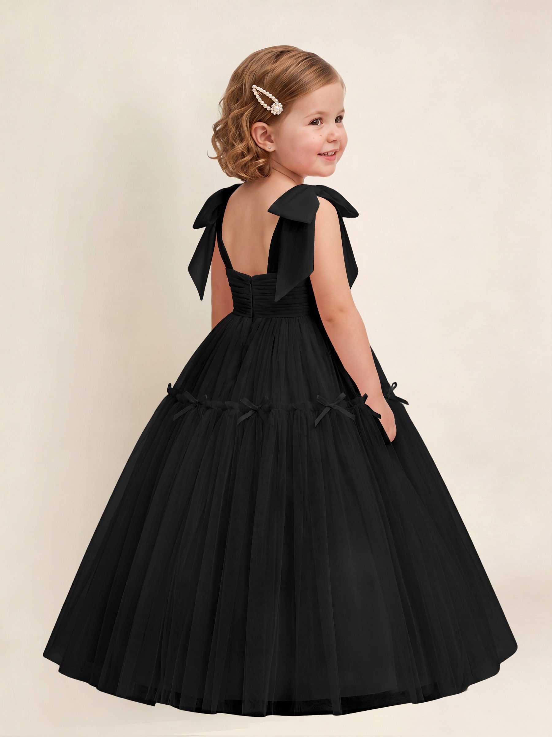 ROVDESY A-Line Tulle Flower Girl Dress With Bow Long Ball Gown Dress