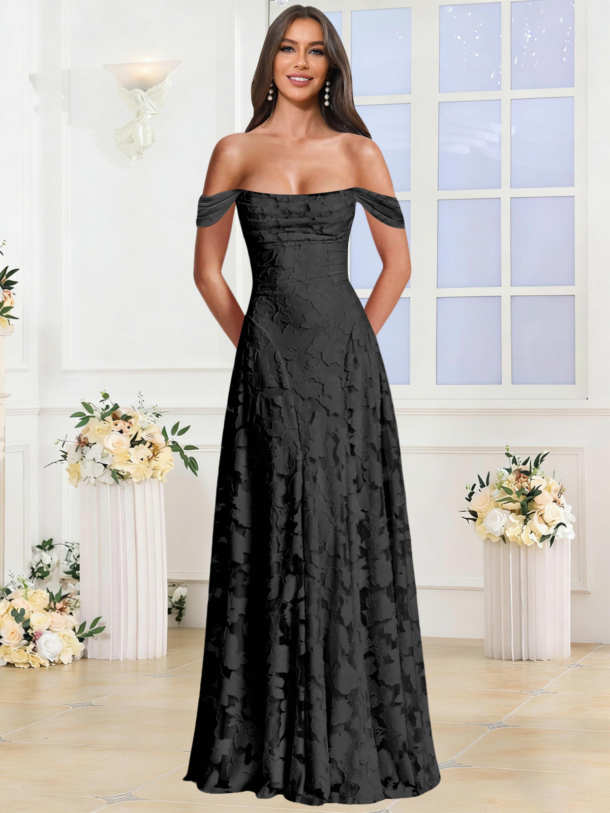 Off the Shoulder Floral Ruched A-line Bridesmaid Dress