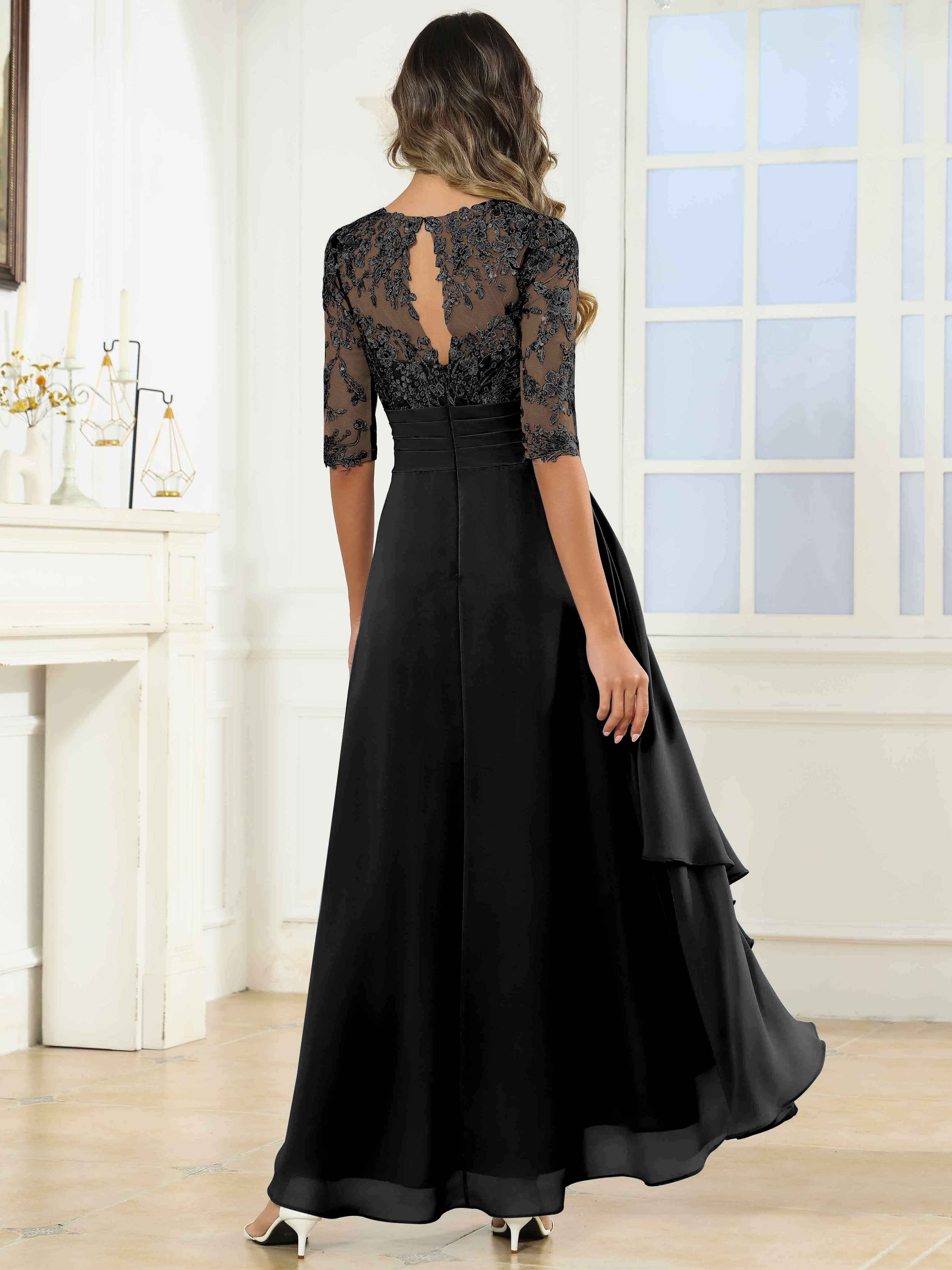 ROVDESY Tea Length A-Line Lace Chiffon Mother Of The Bride Dress With Half Sleeves