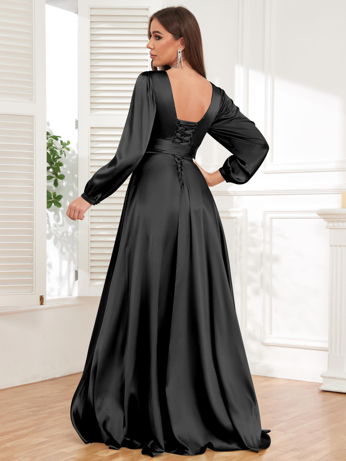 V Neck Satin Long Sleeve Bridesmaid Dress with Slit