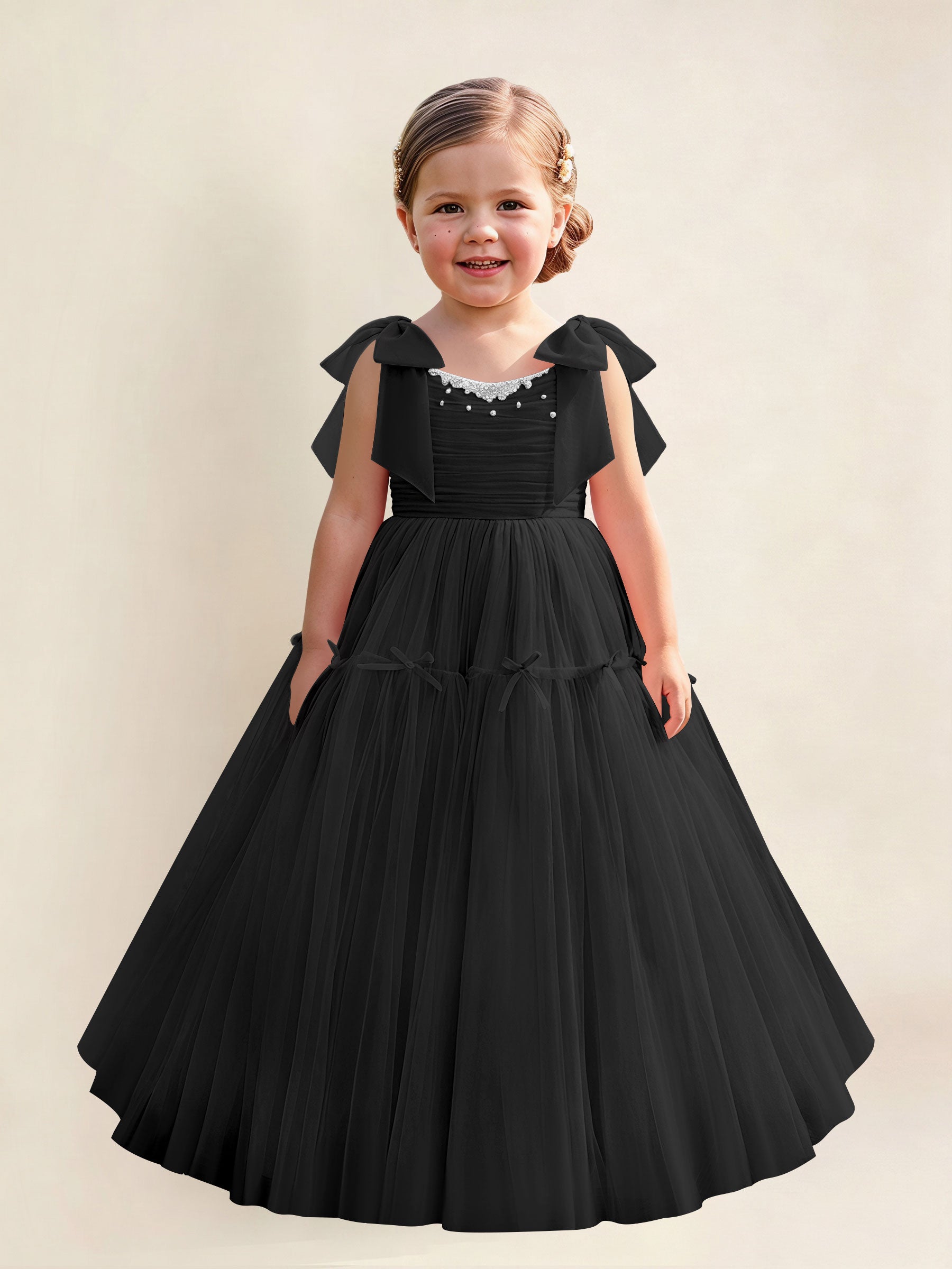 ROVDESY A-Line Tulle Flower Girl Dress With Bow Long Ball Gown Dress