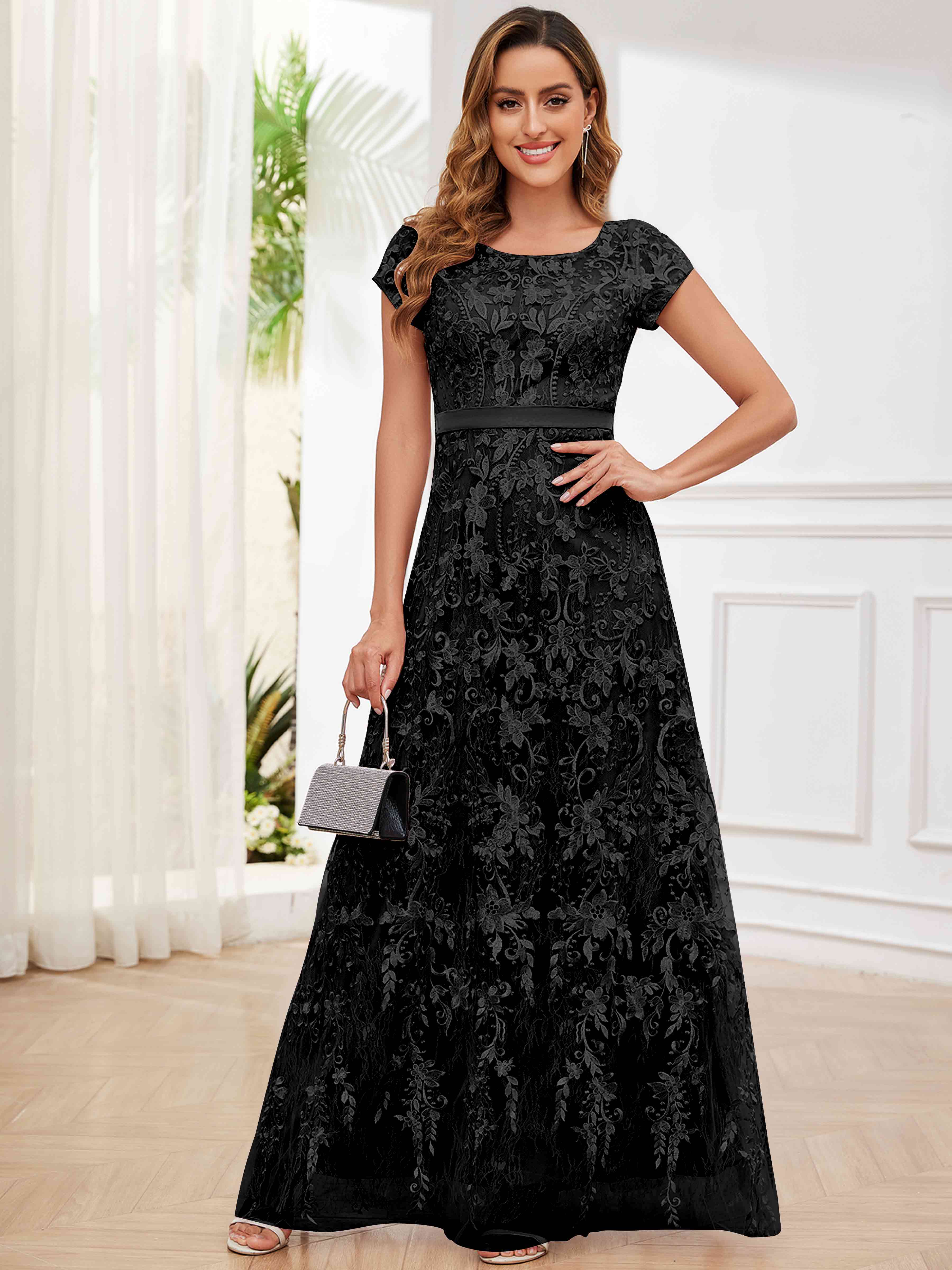 ROVDESY Elegant Lace Mother Of The Bride Dress With Short Sleeves Formal Gown