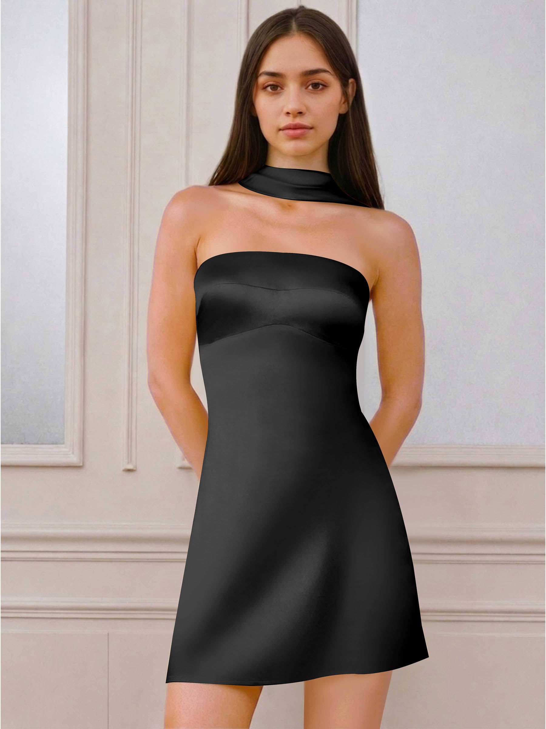ROVDESY A-Line Halter Neck Satin Homecoming Mini Dress