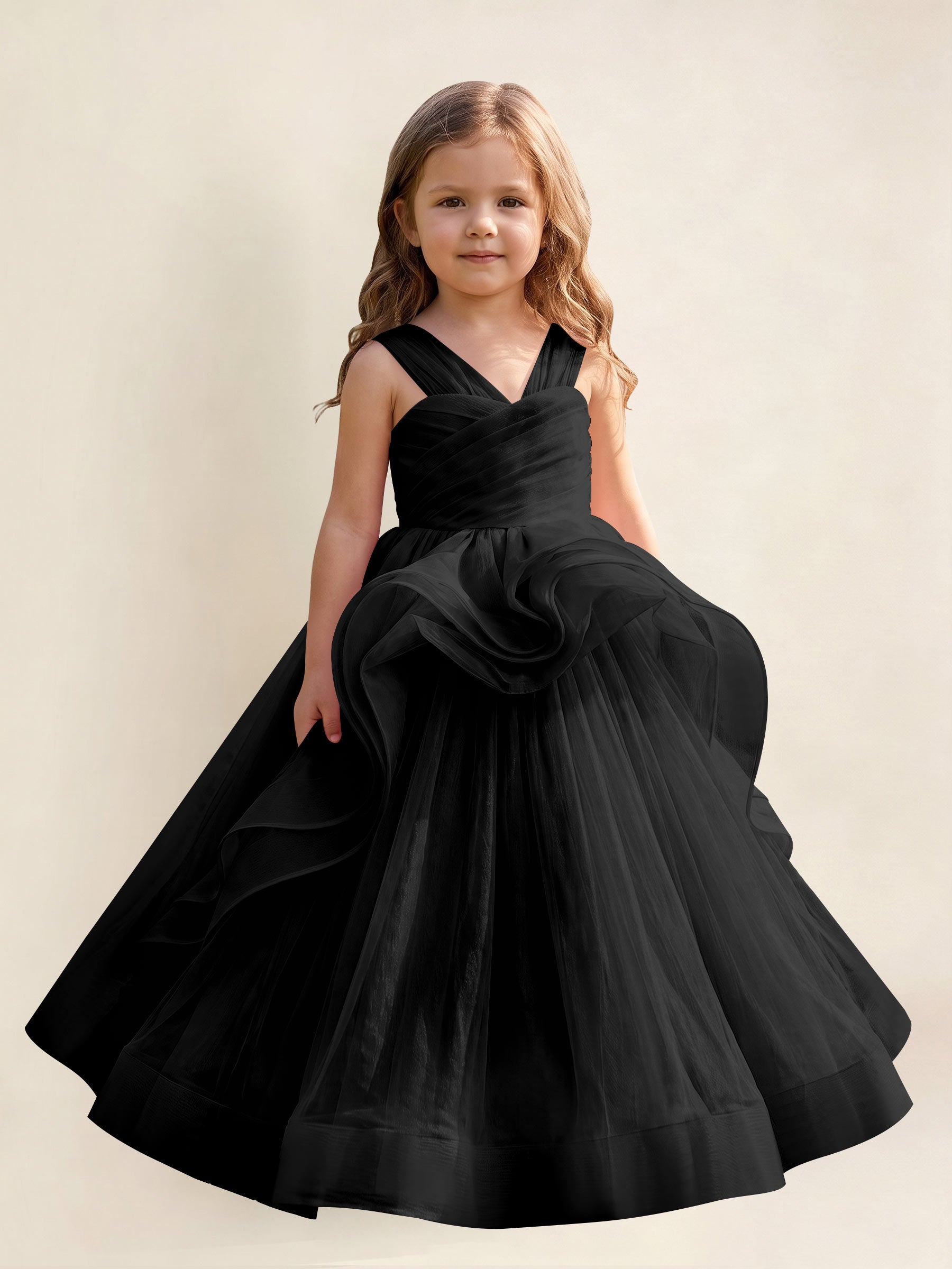 ROVDESY A-Line V-Neck Tulle Flower Girl Dress With Sleeveless Long Ball Gown Dress