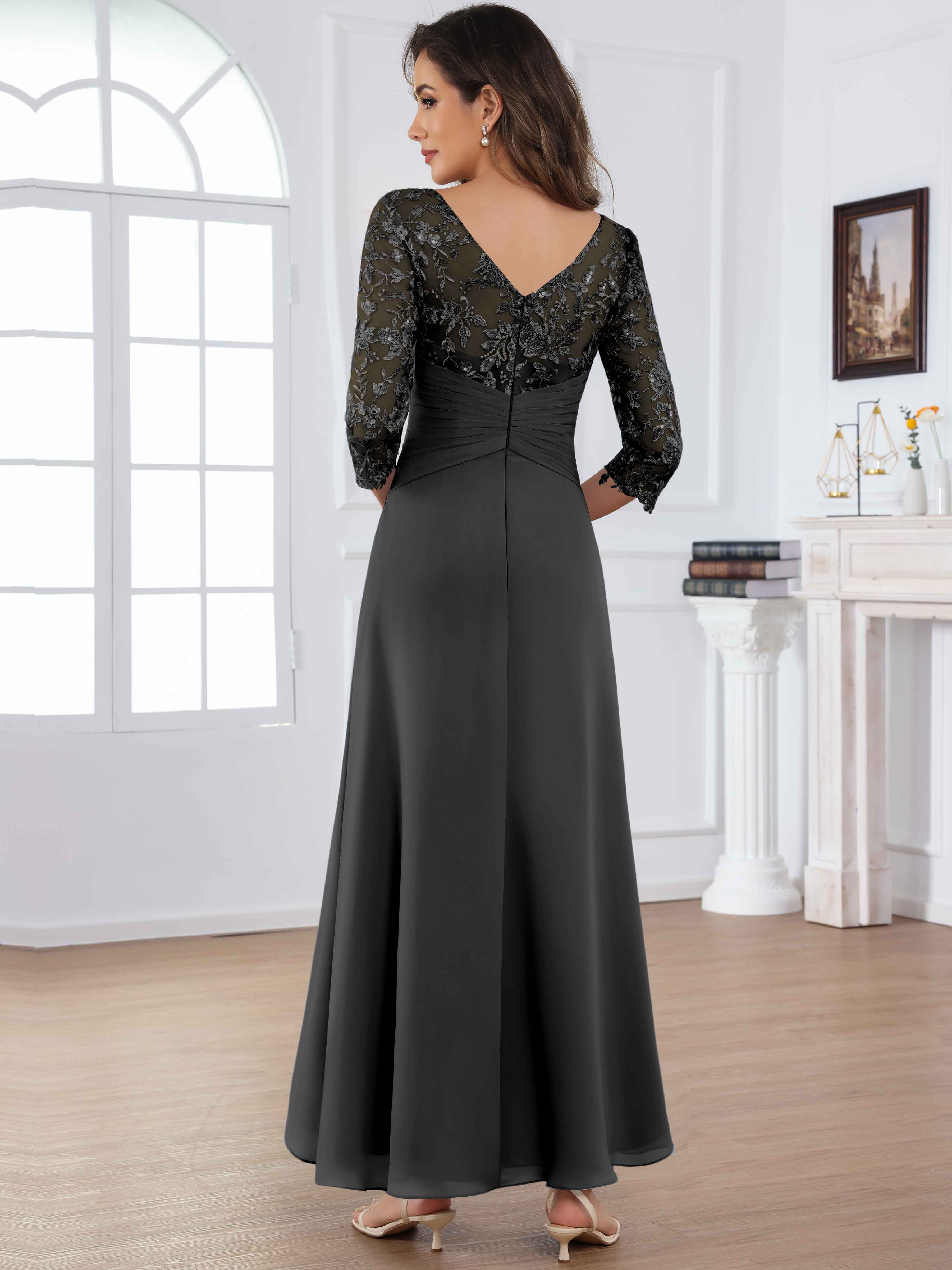 ROVDESY Tea Length Lace Chiffon Mother of The Bride Dress with 3/4 Sleeves