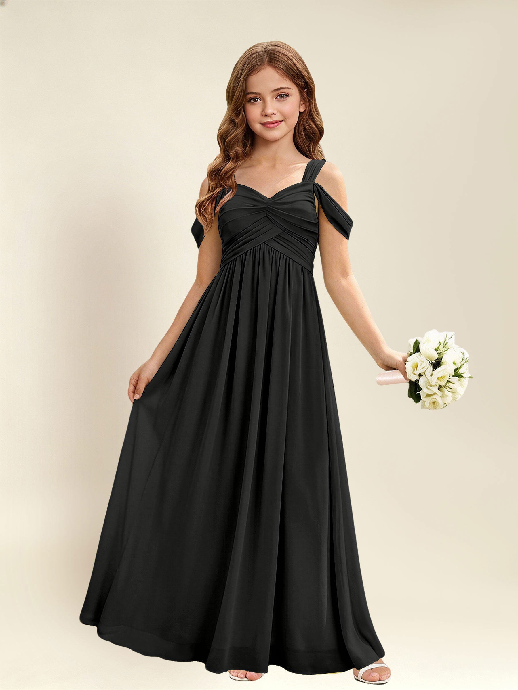 ROVDESY A-Line Off The Shoulder Pleated Chiffon Junior Bridesmaid Dress