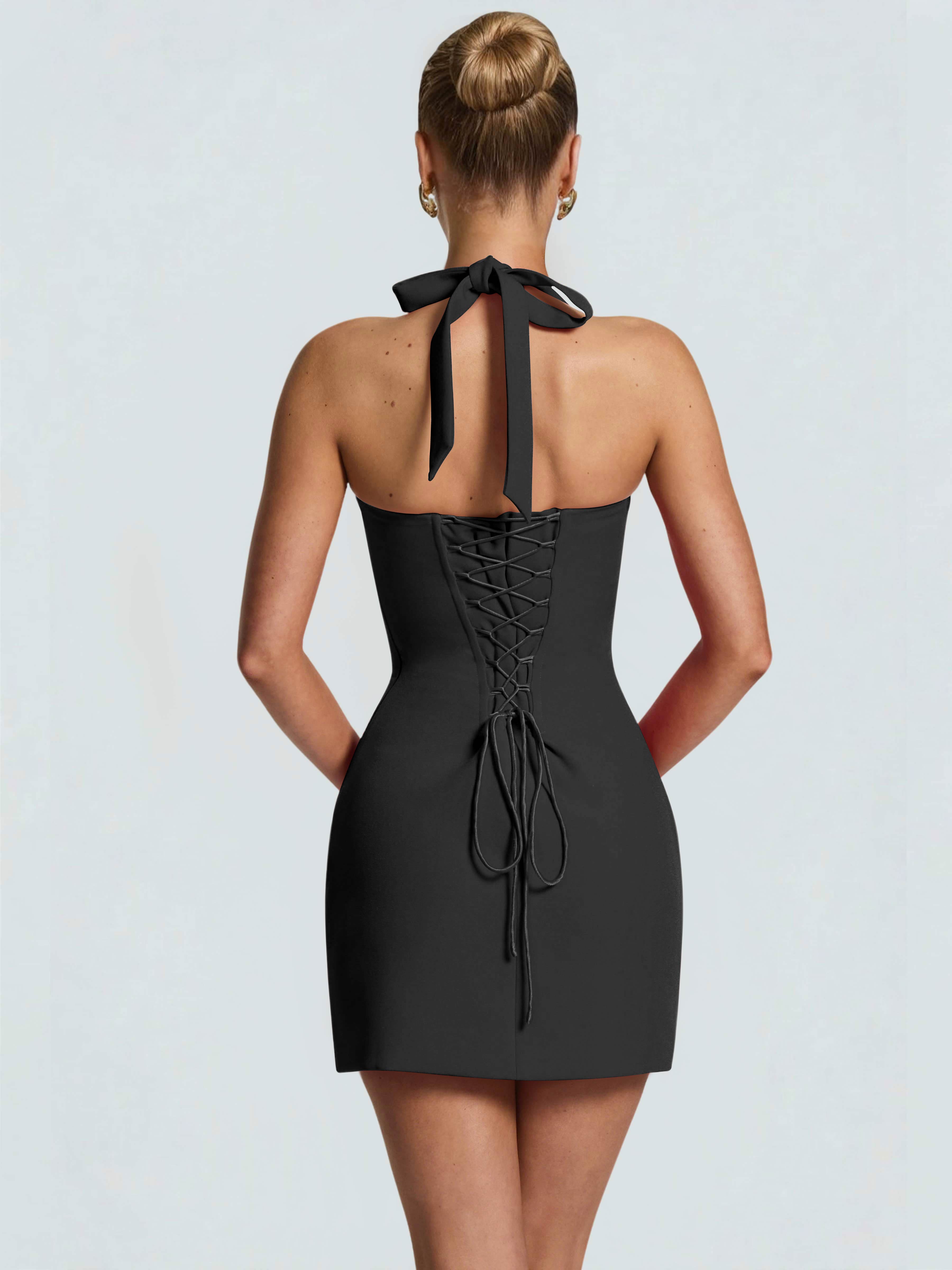 ROVDESY Halter Lace Satin Tight Homecoming Mini Dress