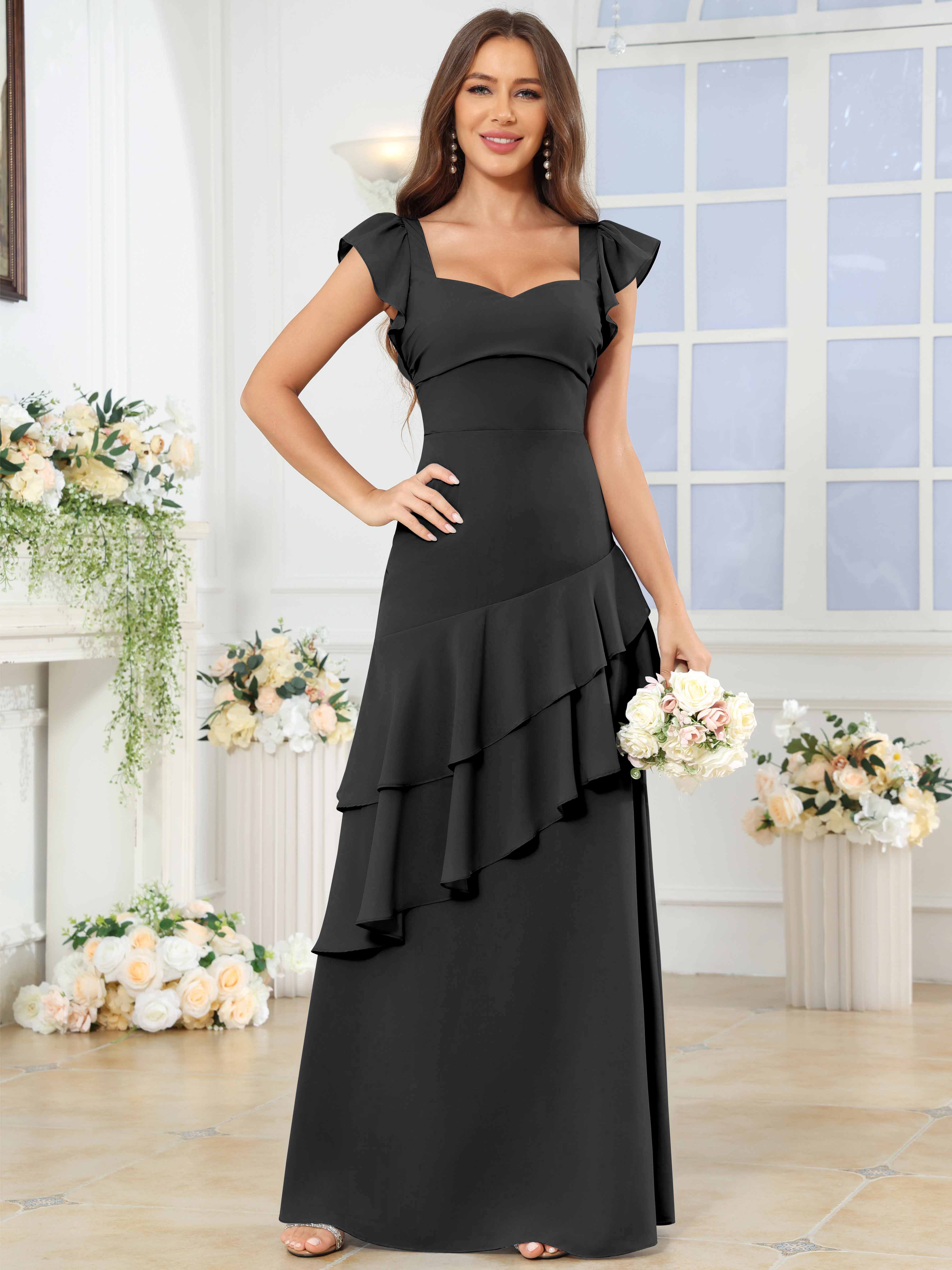 ROVDESY Sweetheart Tiered Ruffle Chiffon Bridesmaid Dress With Short S