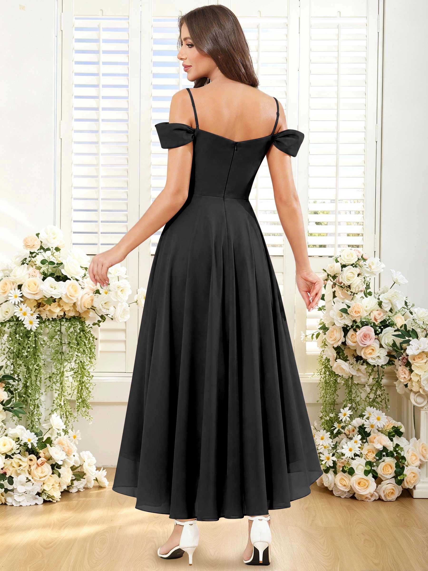 ROVDESY ROVDESY Short Cold Shoulder Sweetheart High Low Pleated Chiffon Bridesmaid Dress